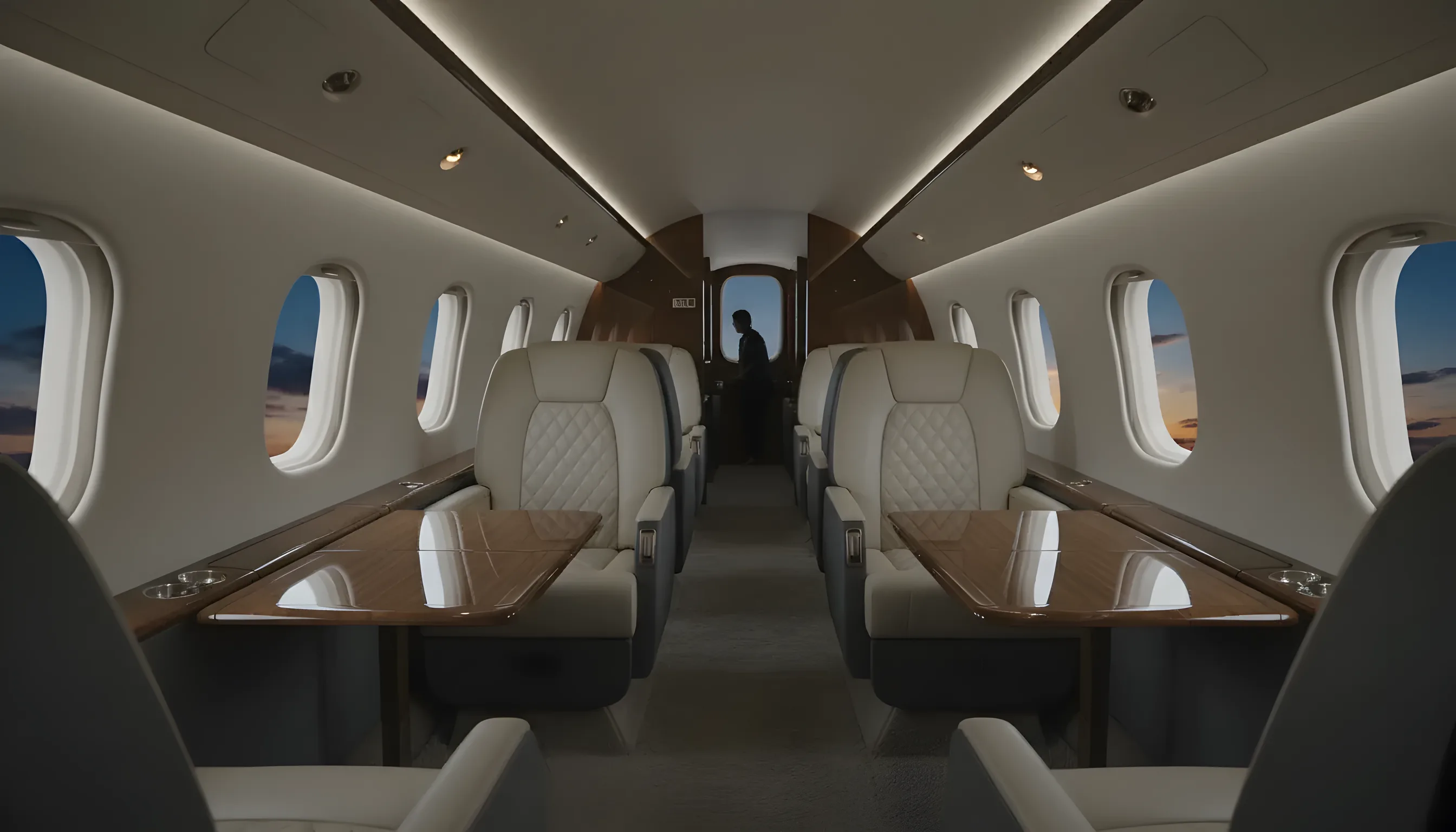 The empty, luxurious interior of a private jet cabin with plush leather seats.