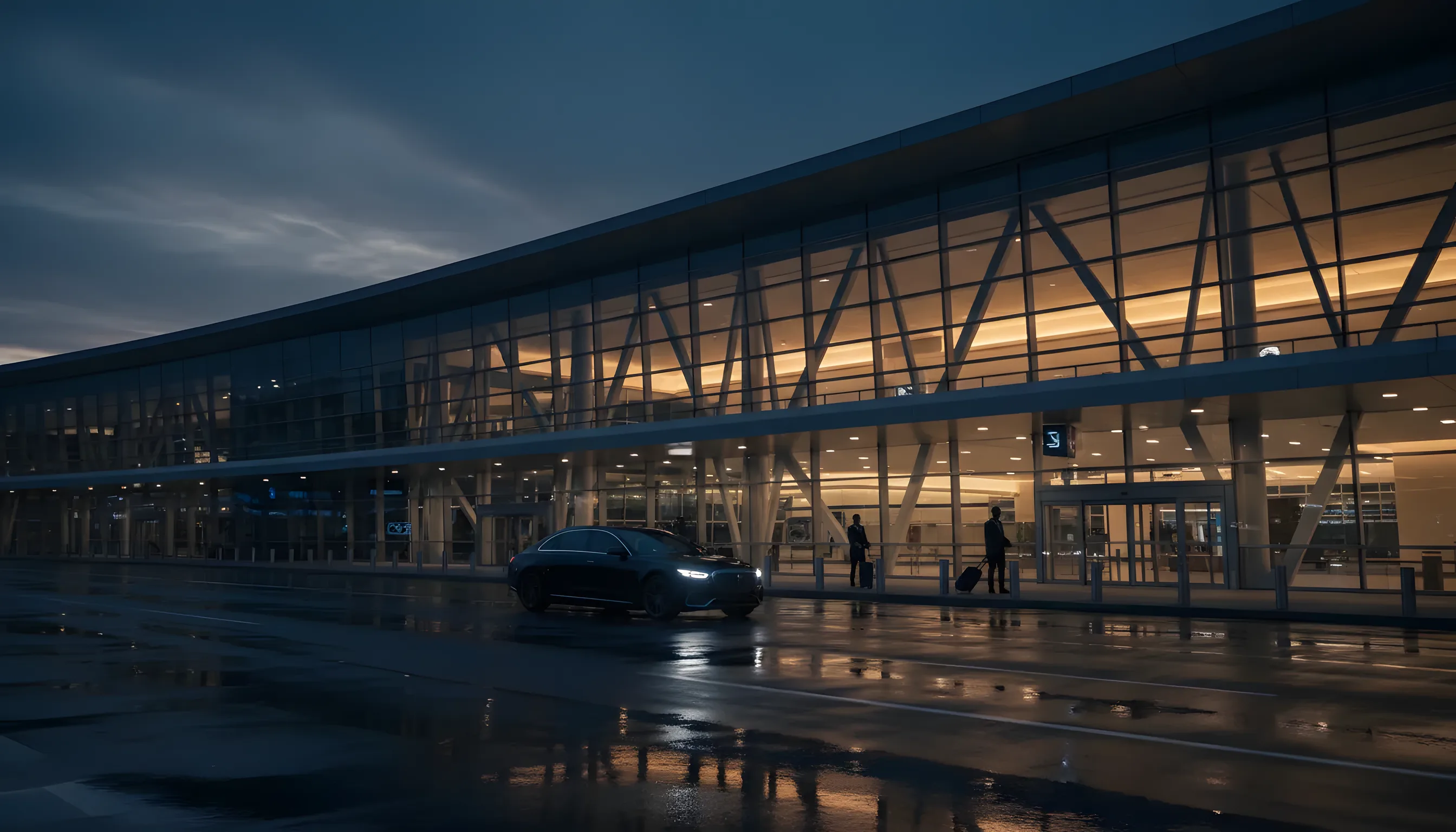 A modern glass airport terminal at dusk with warm interior lights and a car at the departures curb.