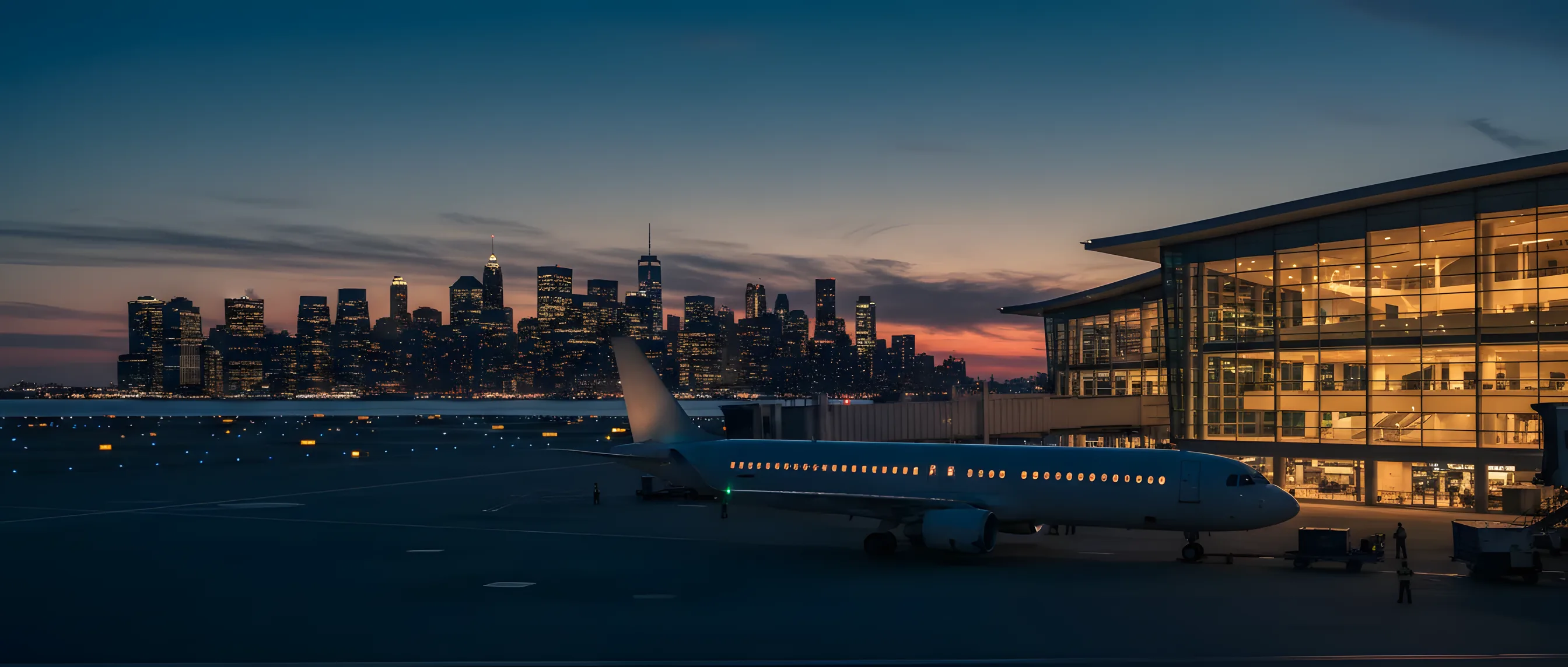 A modern airliner on the tarmac at Newark Airport at dusk, with the Manhattan skyline in the background.