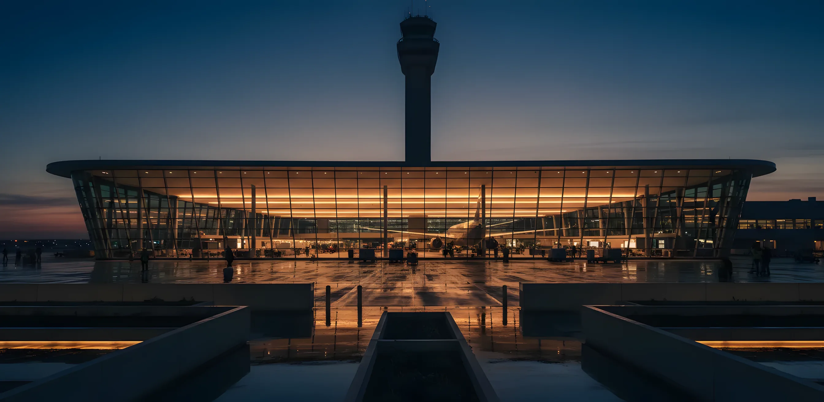 The exterior of a modern airport terminal and control tower at dusk, with a plane visible at the gate.