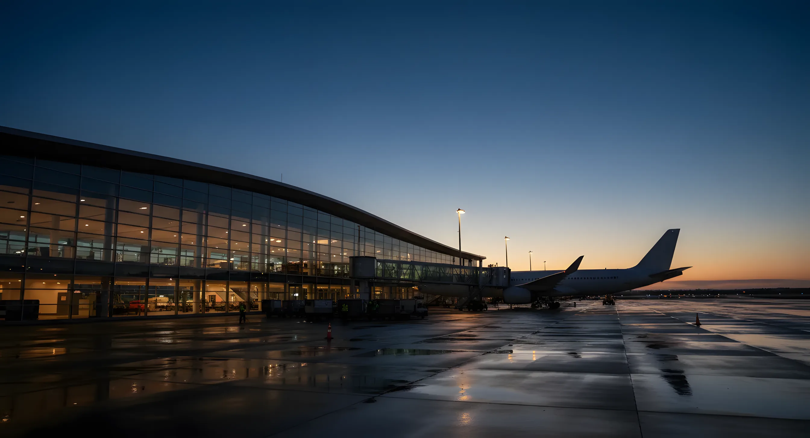 A modern airport terminal and a passenger jet at a gate during twilight.