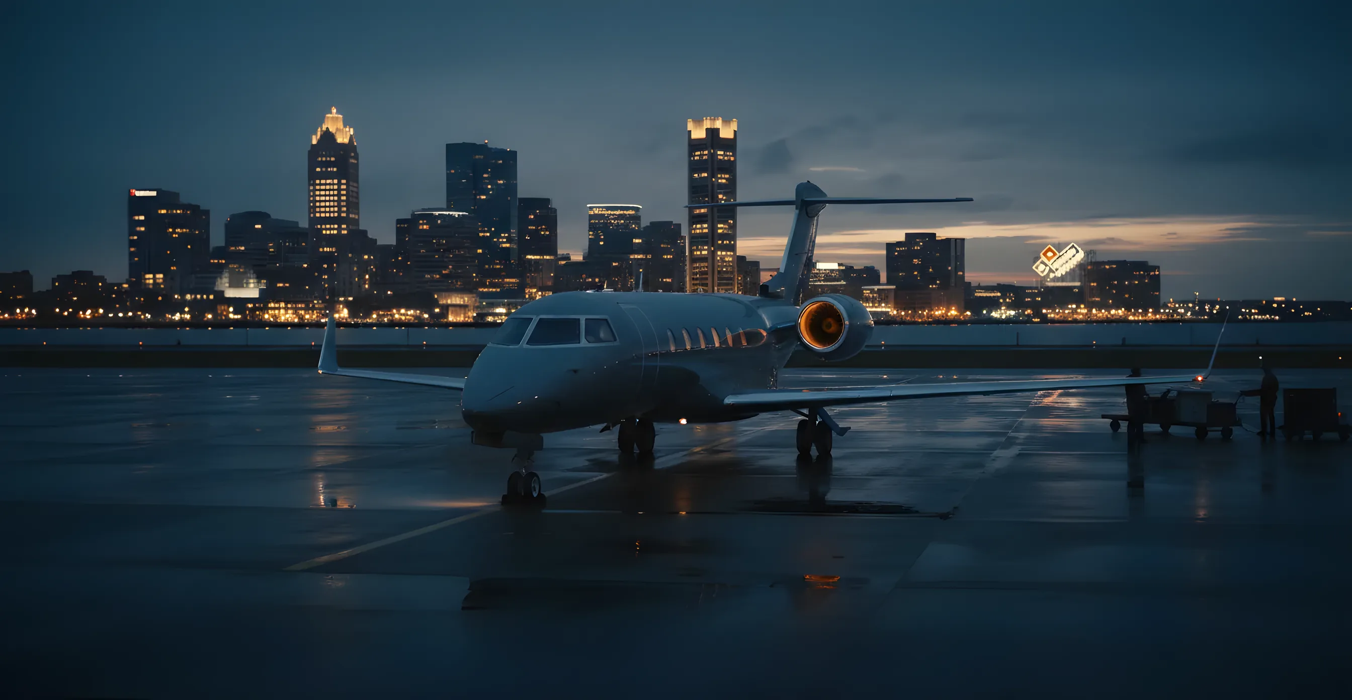 A private jet on an airfield at dusk with the Baltimore city skyline glowing in the background.