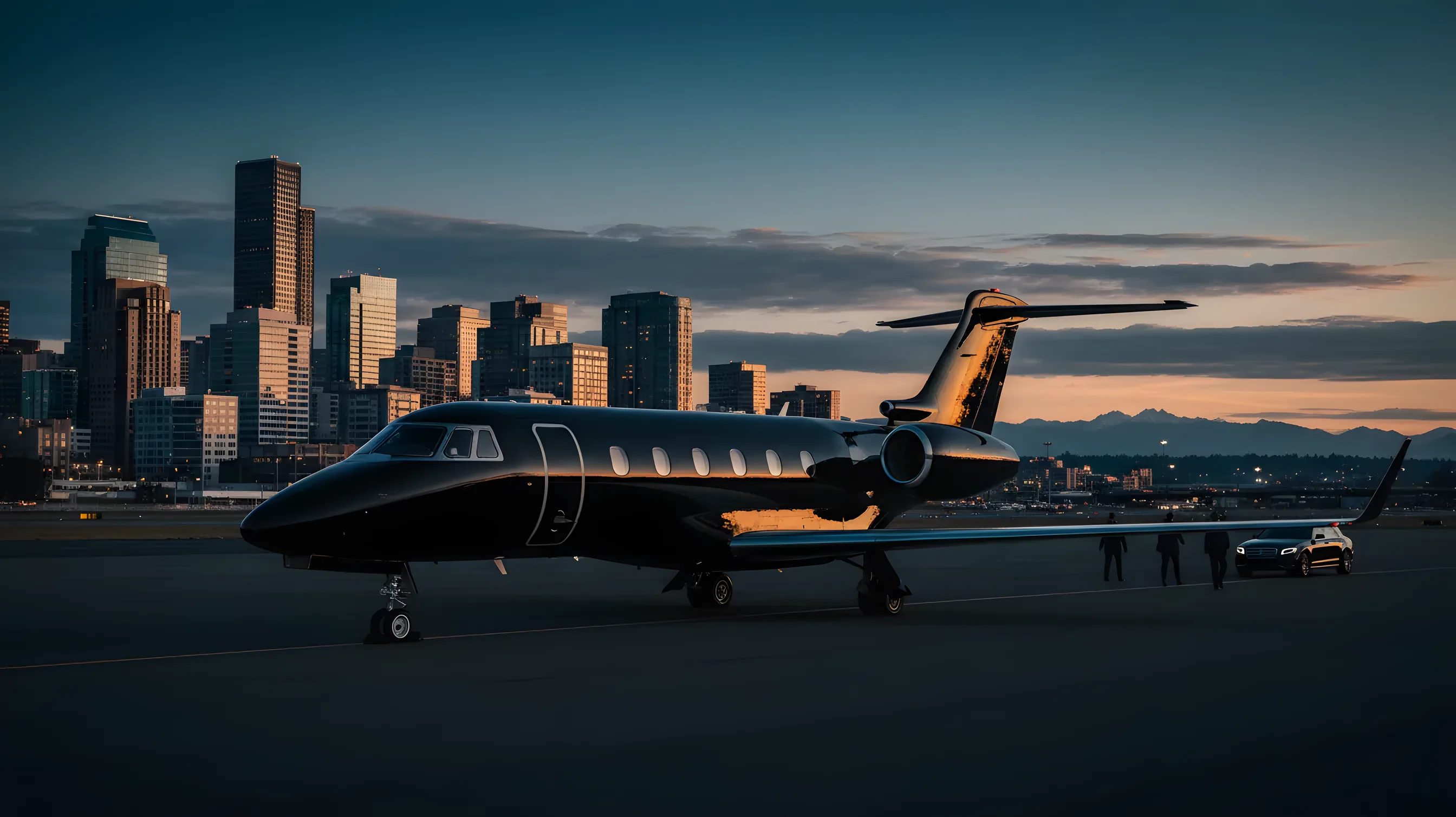 A private jet on an airfield at dusk with the glowing Bellevue, Washington skyline in the background.