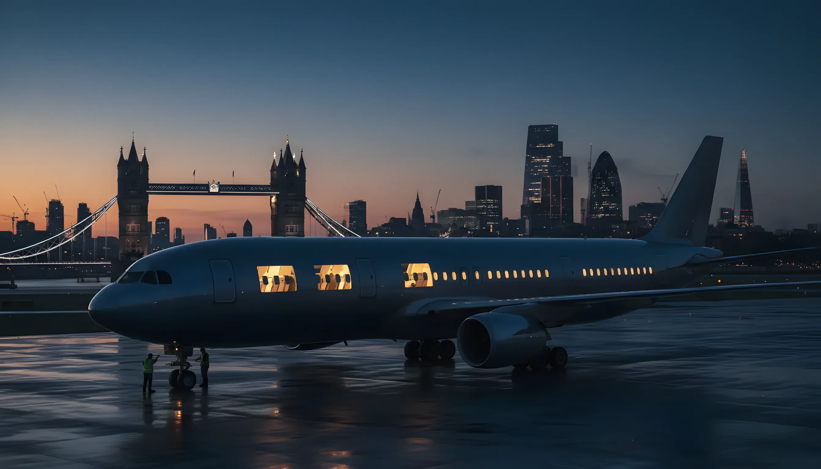 An airliner on the tarmac at dusk, with the London skyline and Tower Bridge in the background.