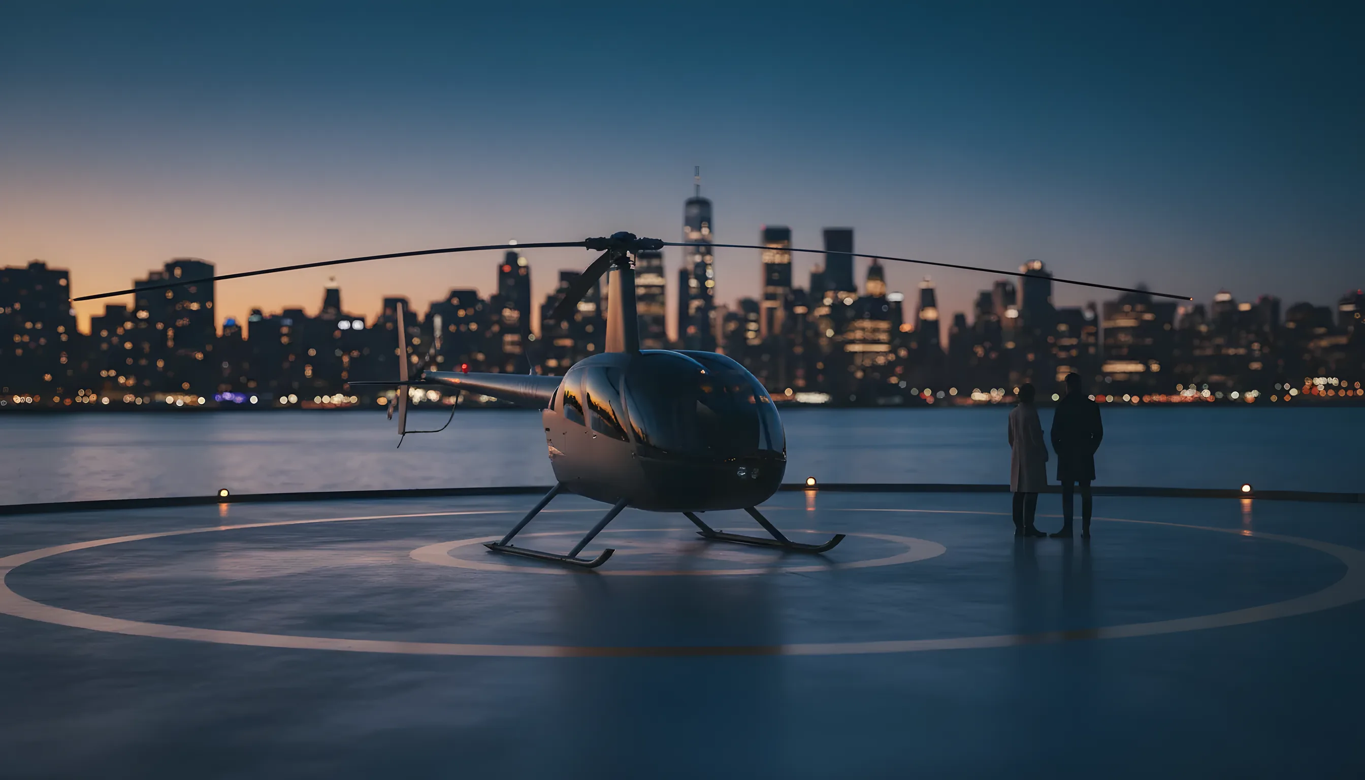 A helicopter parked on a waterside heliport with the New York City skyline in the background.
