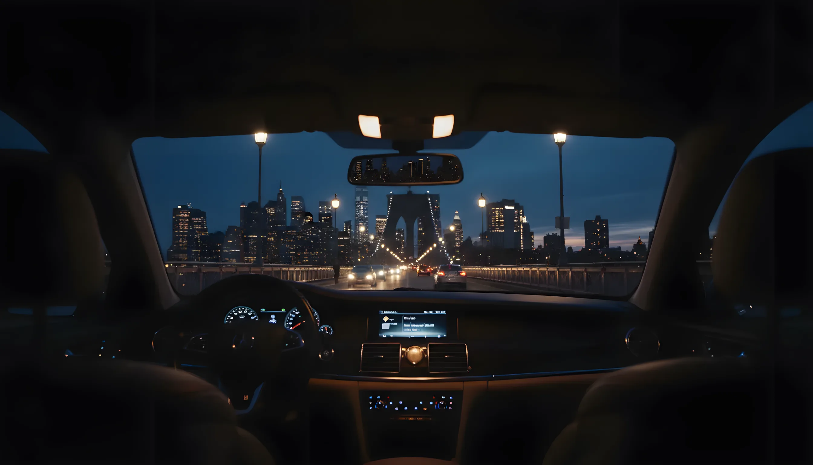 A view from a car driving over a bridge at dusk, with the Manhattan skyline behind and the lights of Queens ahead.