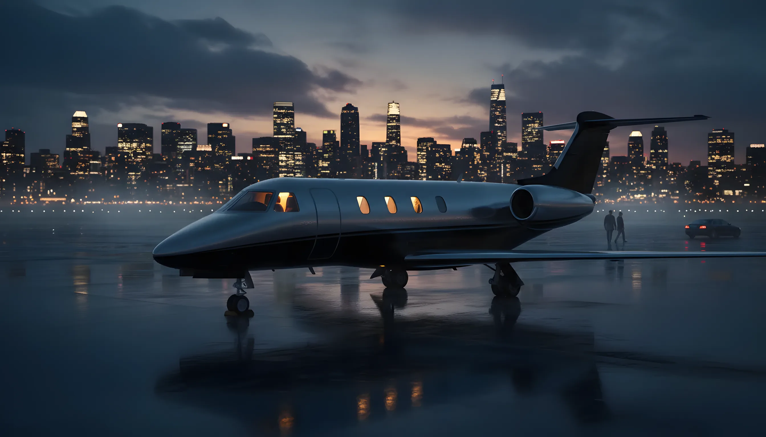 A private jet on an airfield at dusk with a glowing city skyline in the distance.