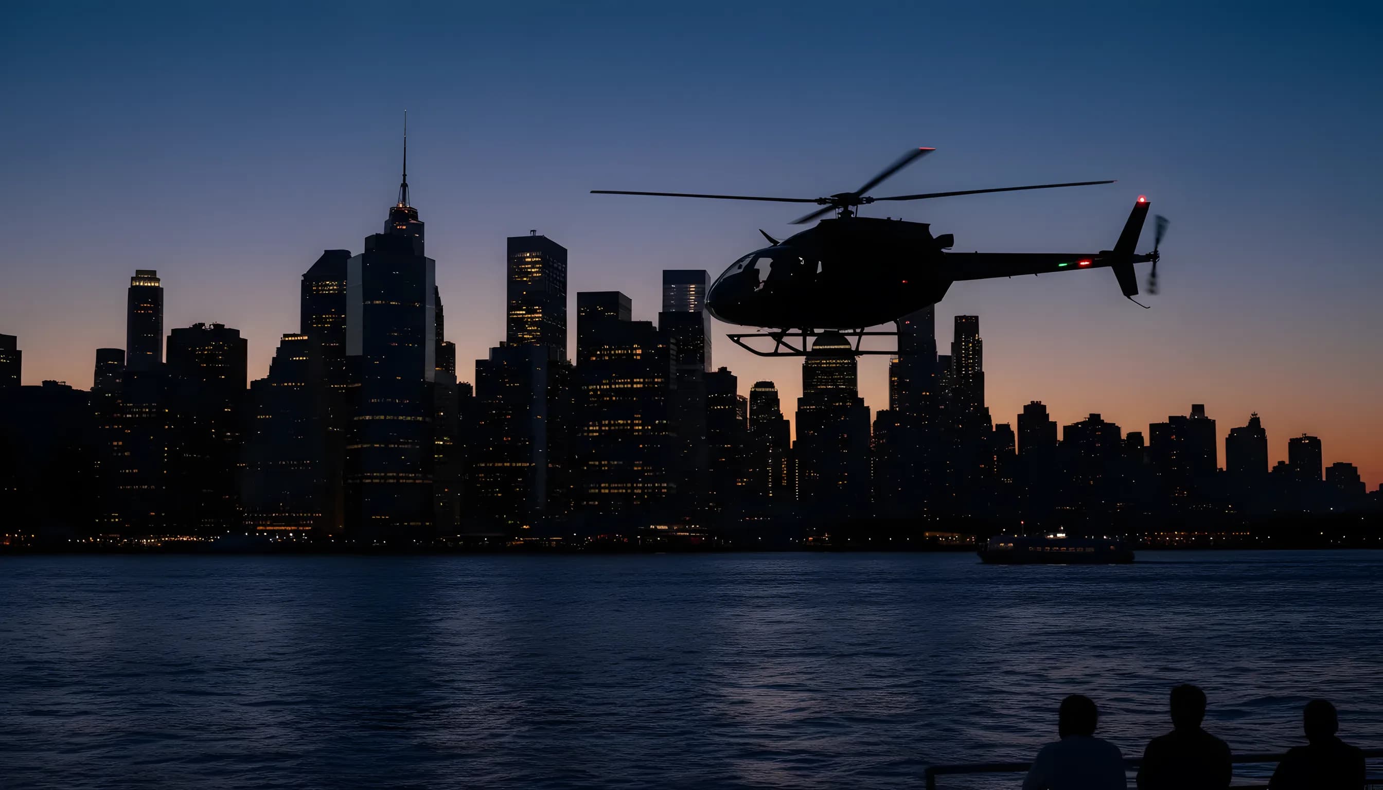 A helicopter flies over a river at dusk with the illuminated Manhattan skyline in the background.