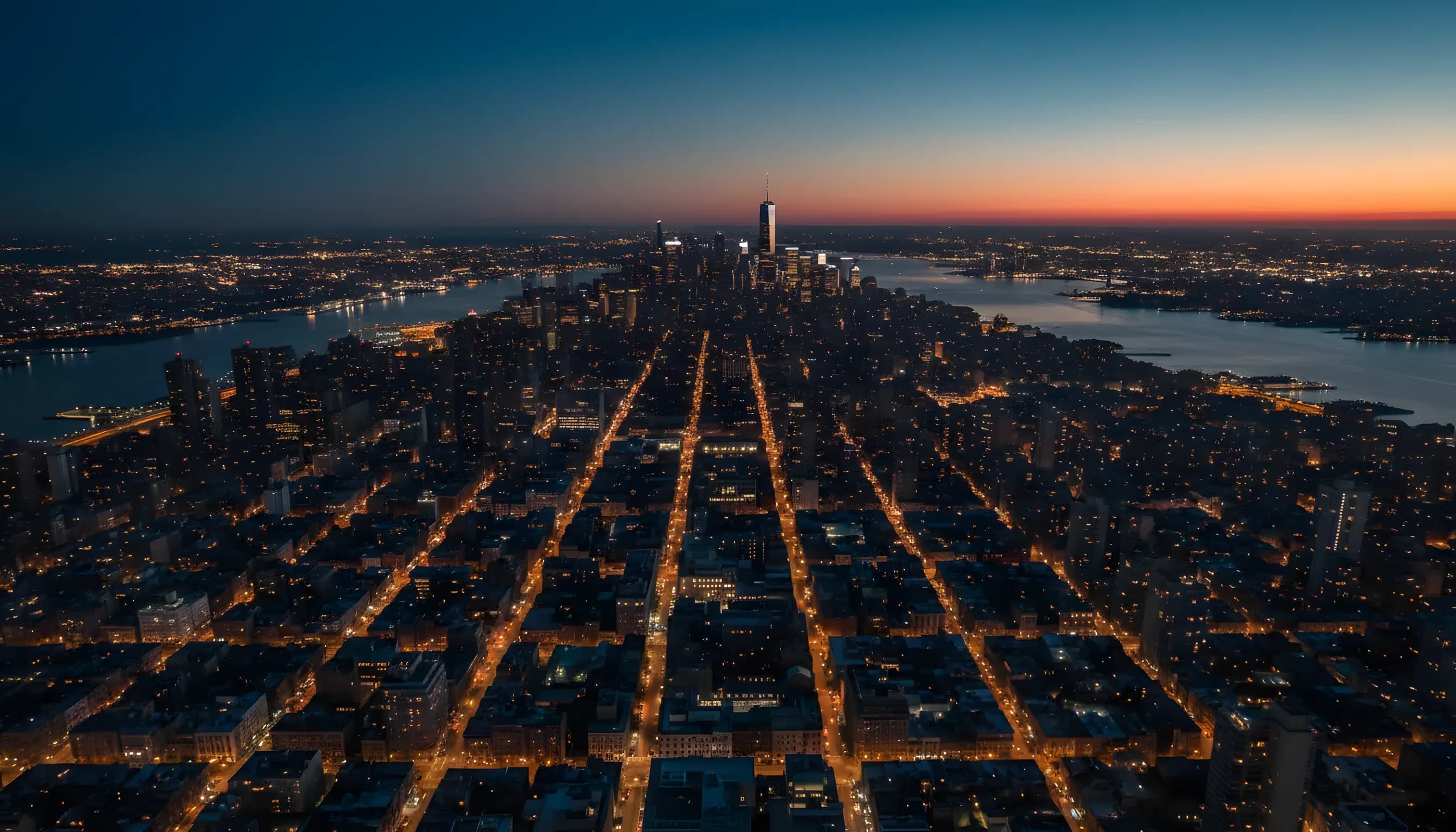 Aerial view of the Manhattan skyline at dusk, with city lights illuminating the skyscrapers.