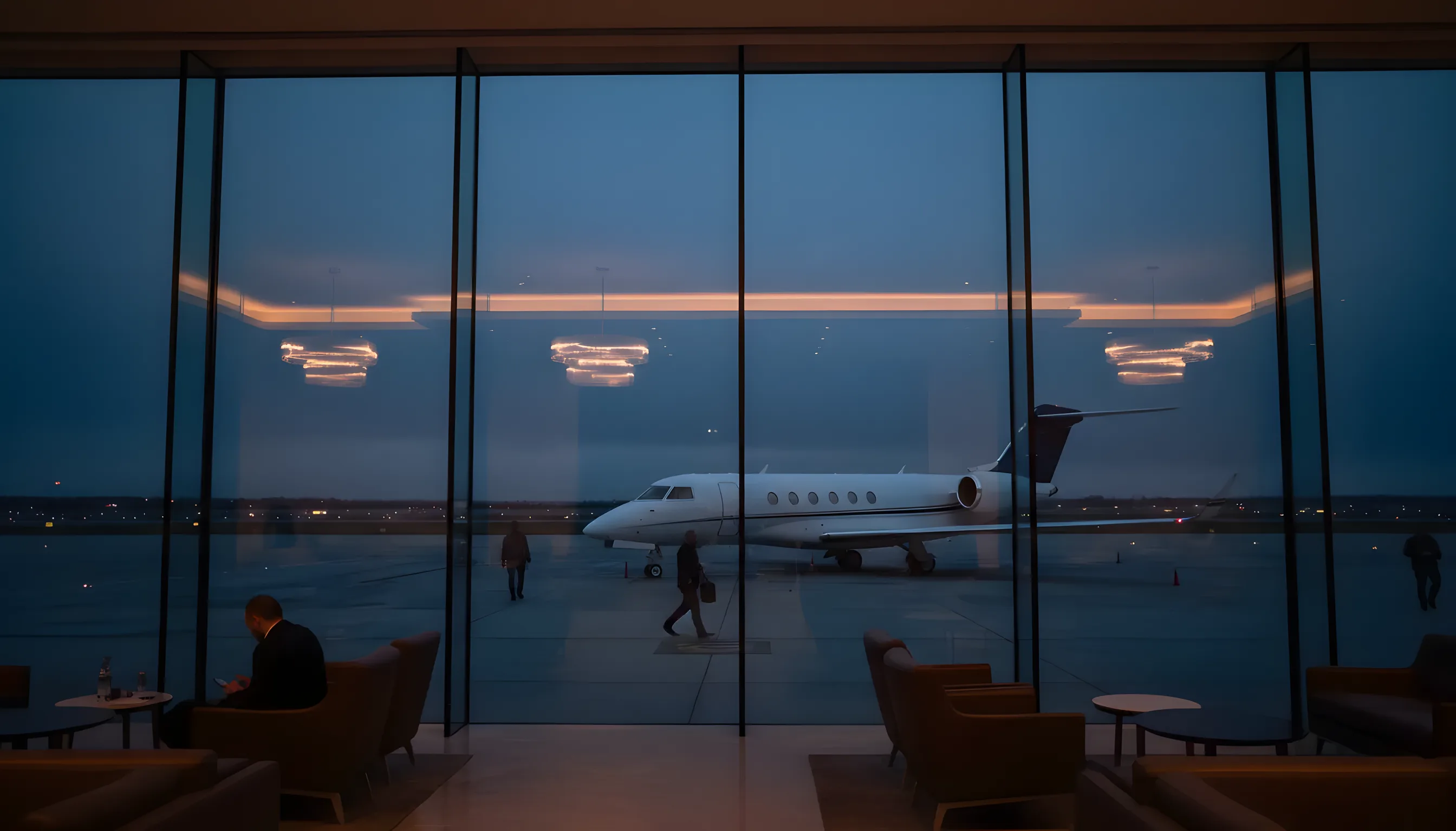 A private jet on an airport tarmac at dusk, viewed from inside a modern, luxurious lounge.