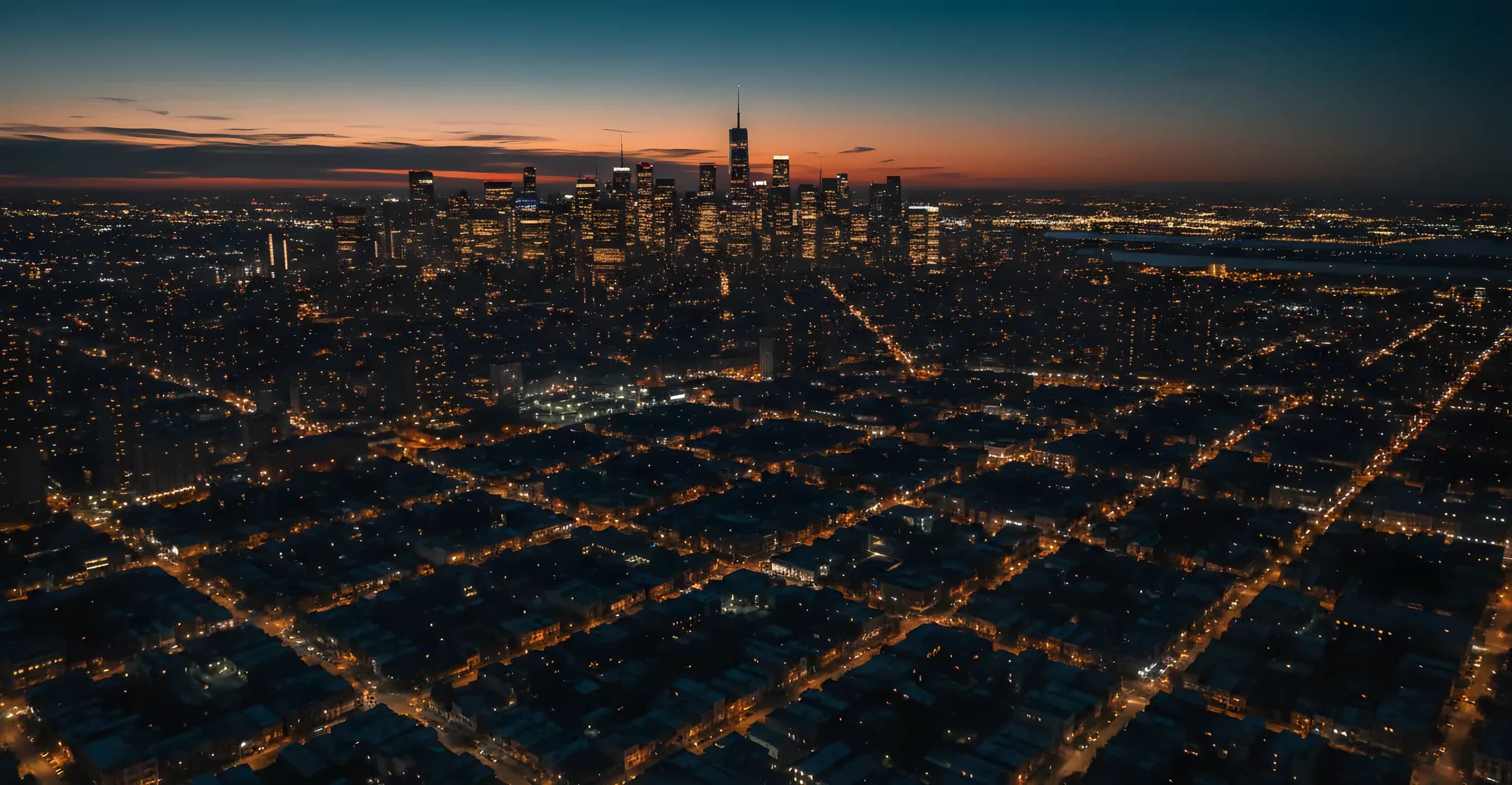 Aerial view of the Manhattan skyline at dusk from a helicopter, with city lights stretching to the horizon.