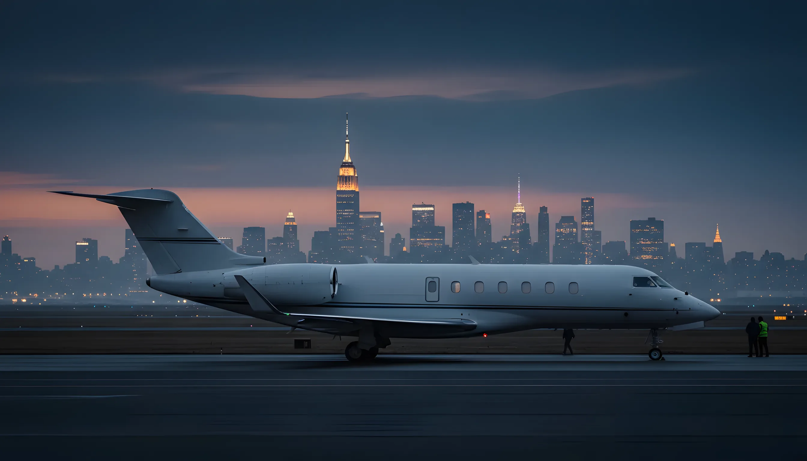 A midsize business jet on an apron at blue hour with the Manhattan skyline across the meadowlands.