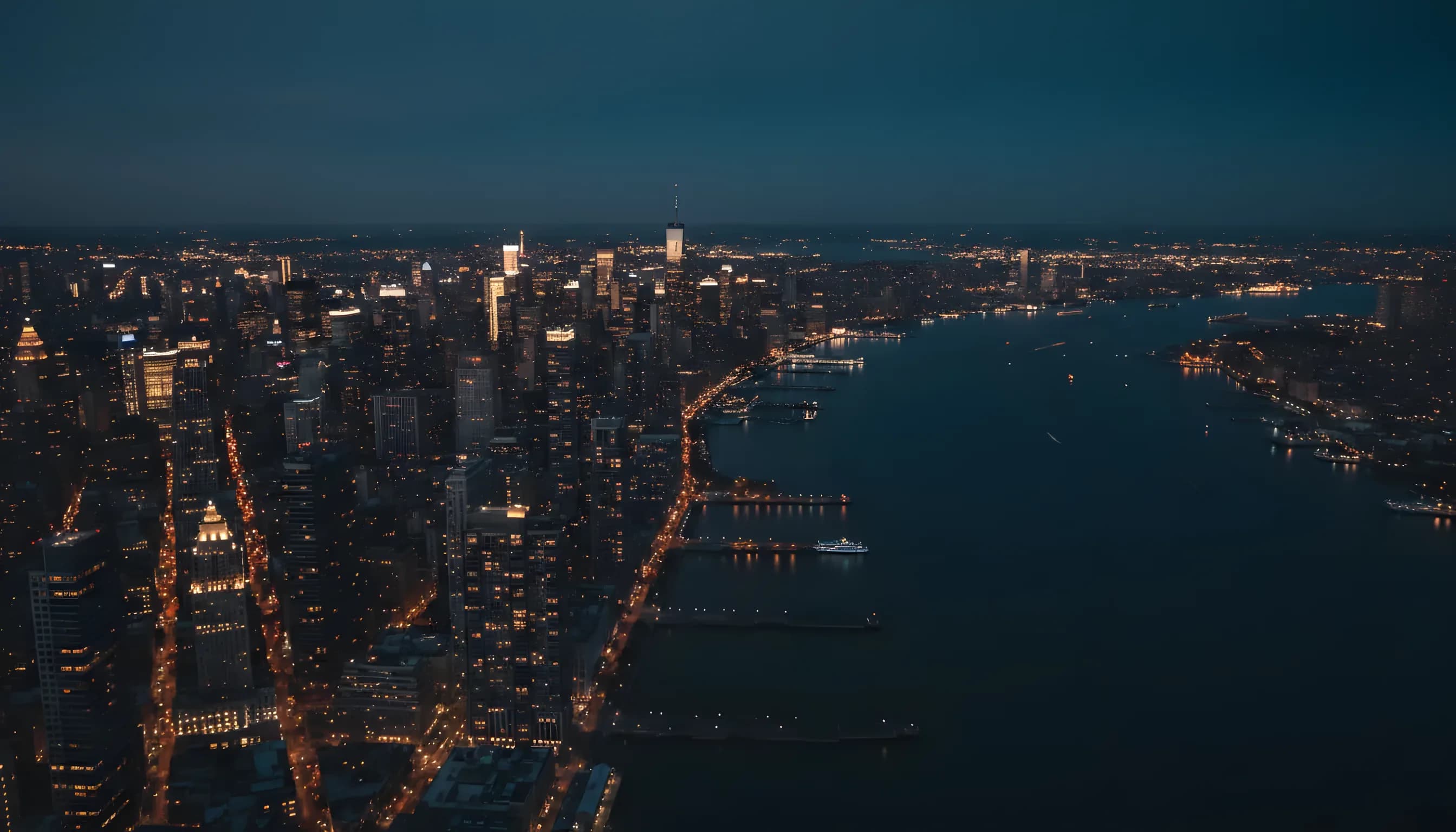 Aerial view of the Manhattan skyline at dusk from a helicopter over the Hudson River.