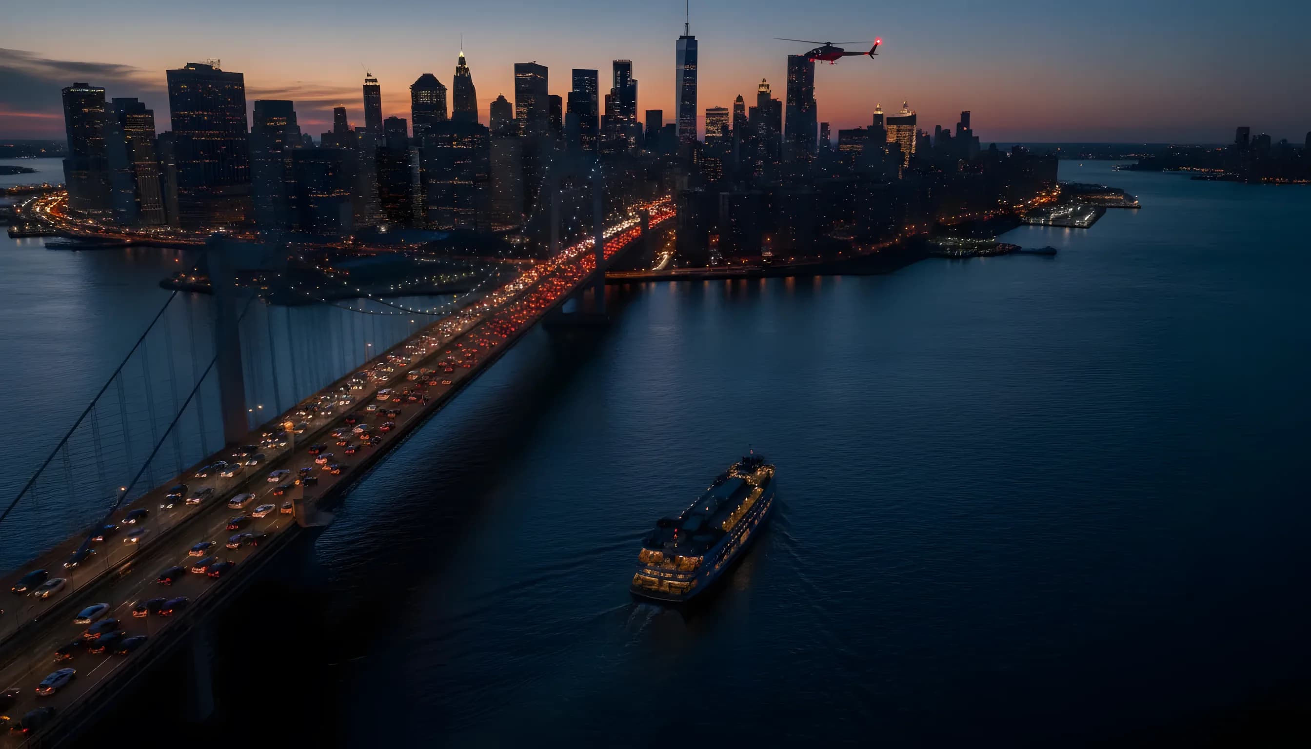 Aerial view of Manhattan at dusk with bridges, a ferry, and a helicopter representing different commuter options.