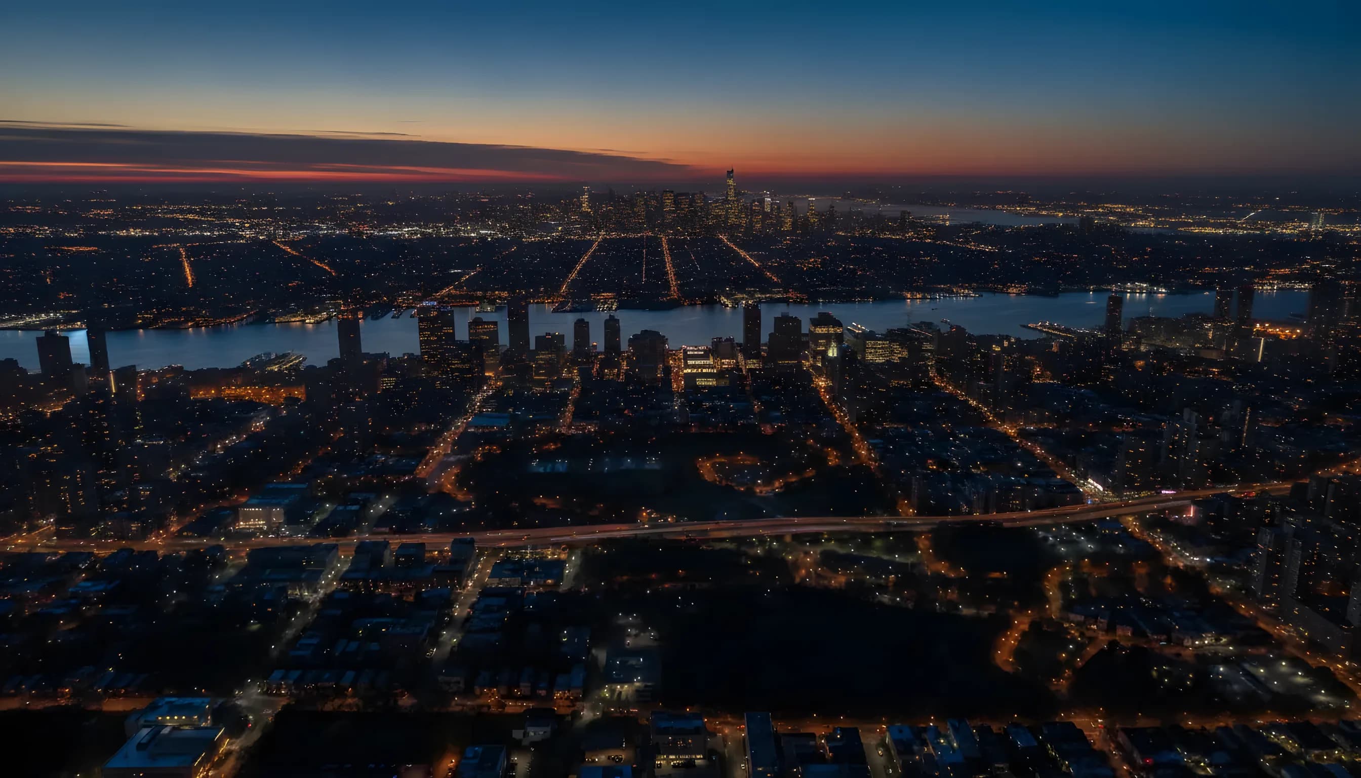 Aerial view of the New York City skyline at dusk, seen from the north looking south over the city.