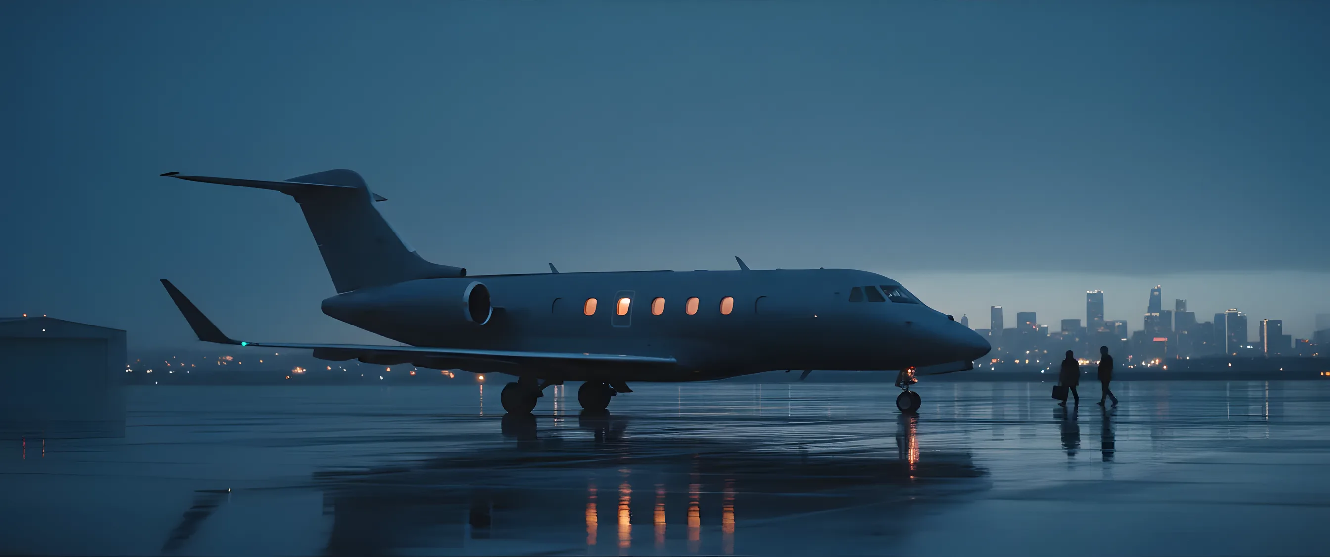 A large private jet on an airport tarmac at dusk, with cabin lights on and a city skyline in the background.