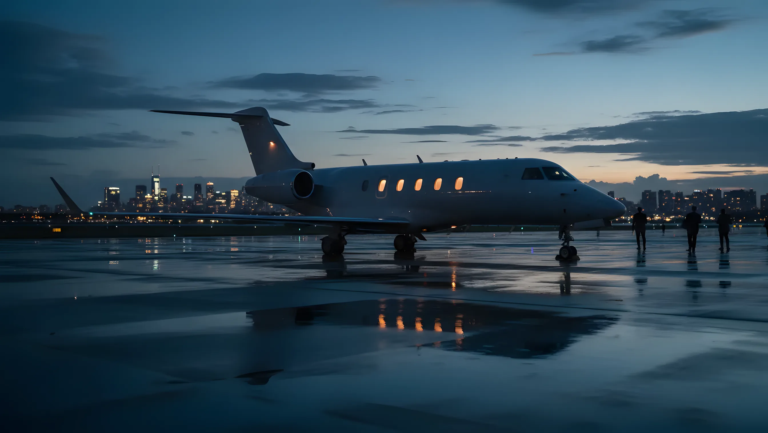 A private jet on an airport tarmac at dusk with a city skyline in the background.