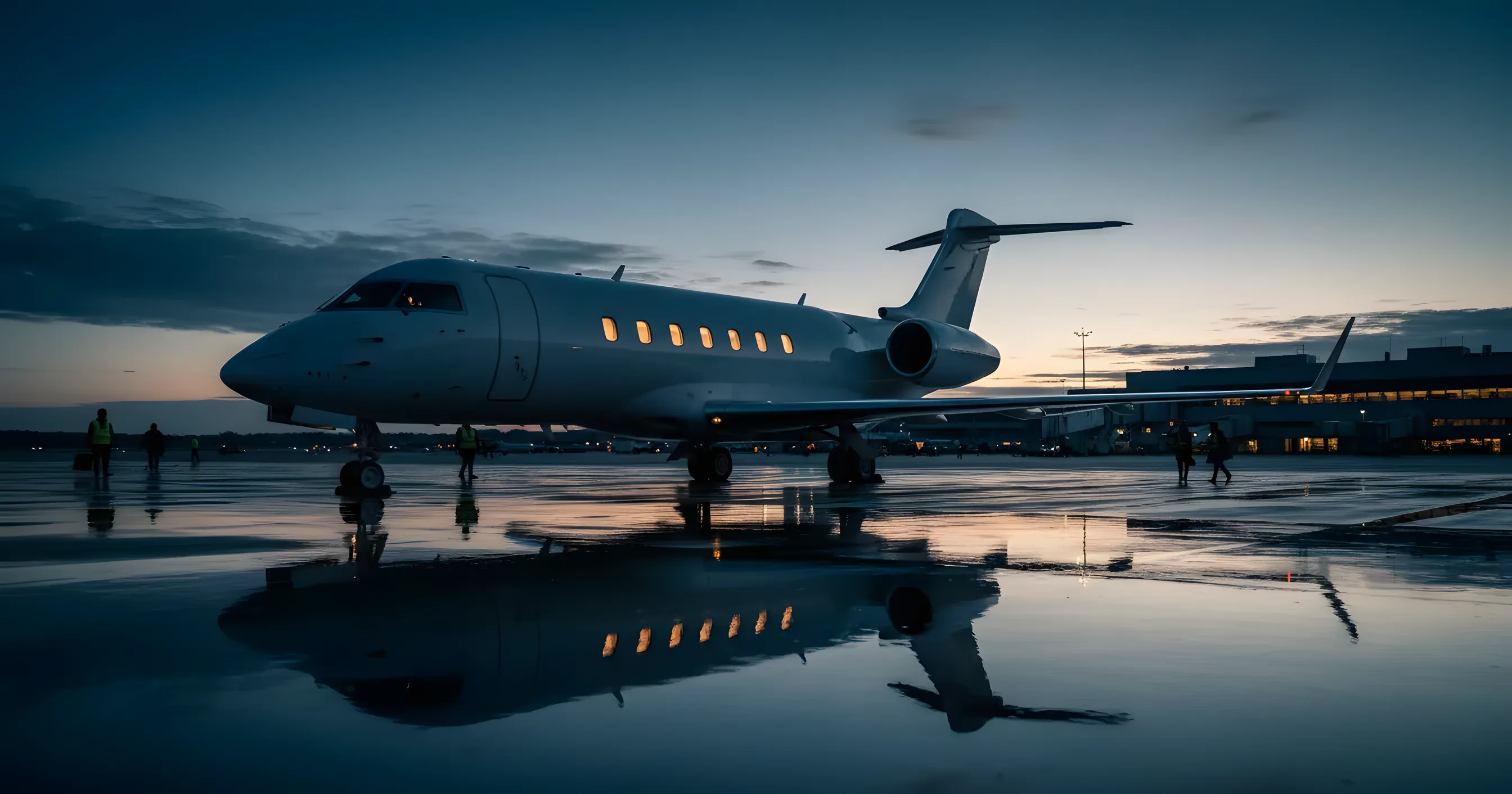 A large private jet on a tarmac at dusk, its lights glowing warmly against the twilight sky and a distant airport terminal.
