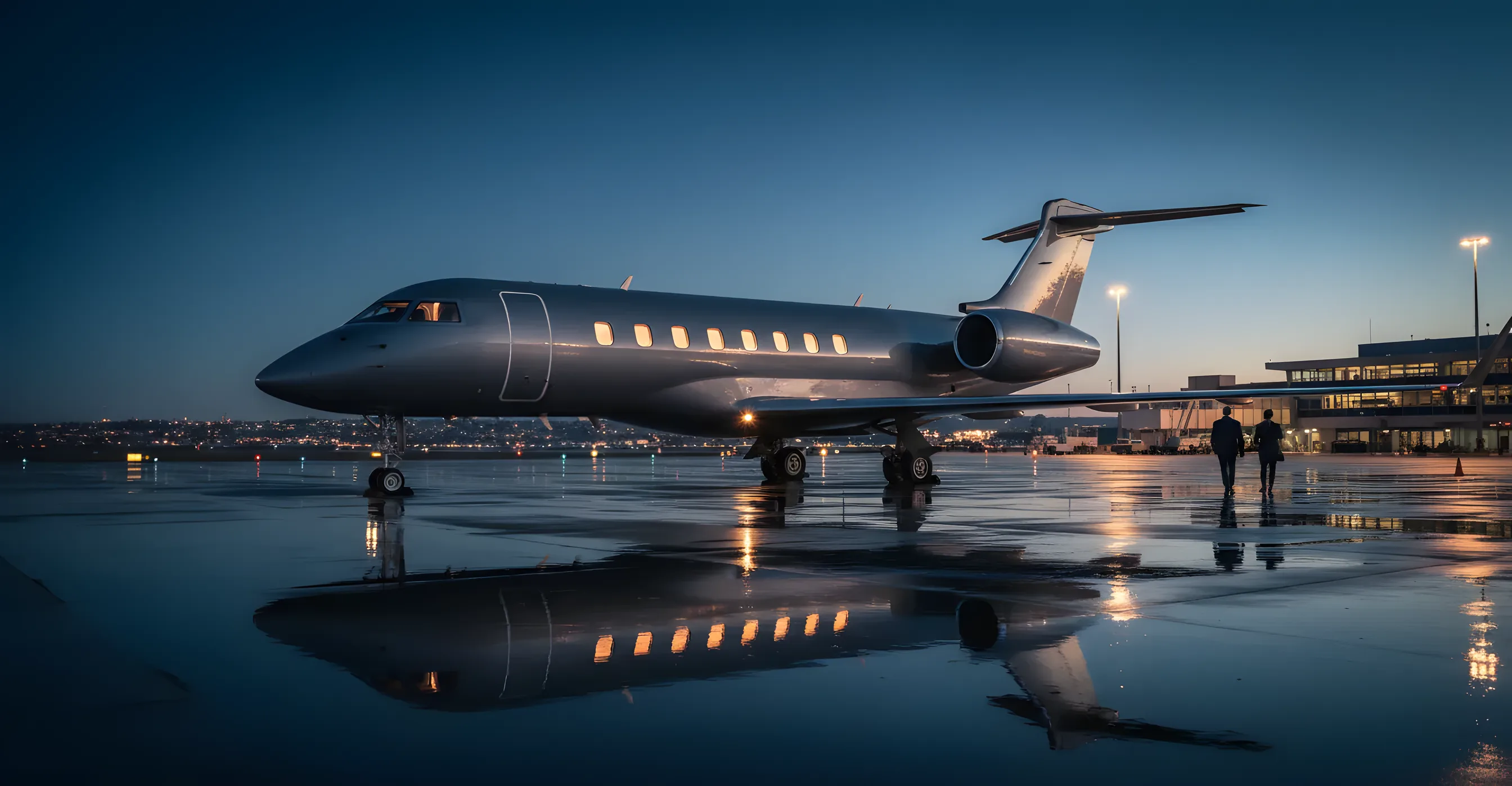 A private jet on an airport tarmac at dusk, with cabin lights glowing and a city skyline in the background.