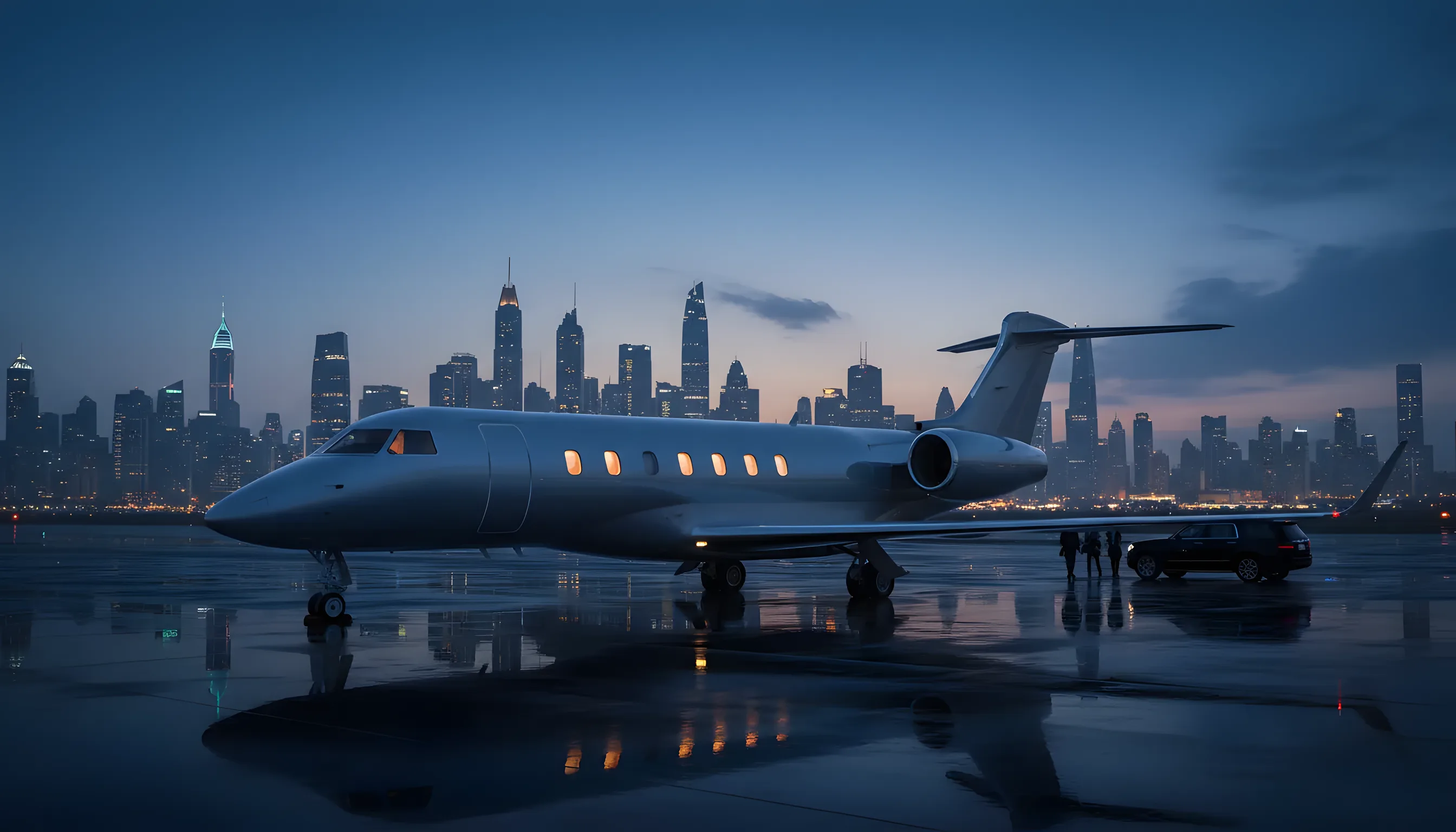 A private jet on an airport tarmac at dusk, with a city skyline in the background.
