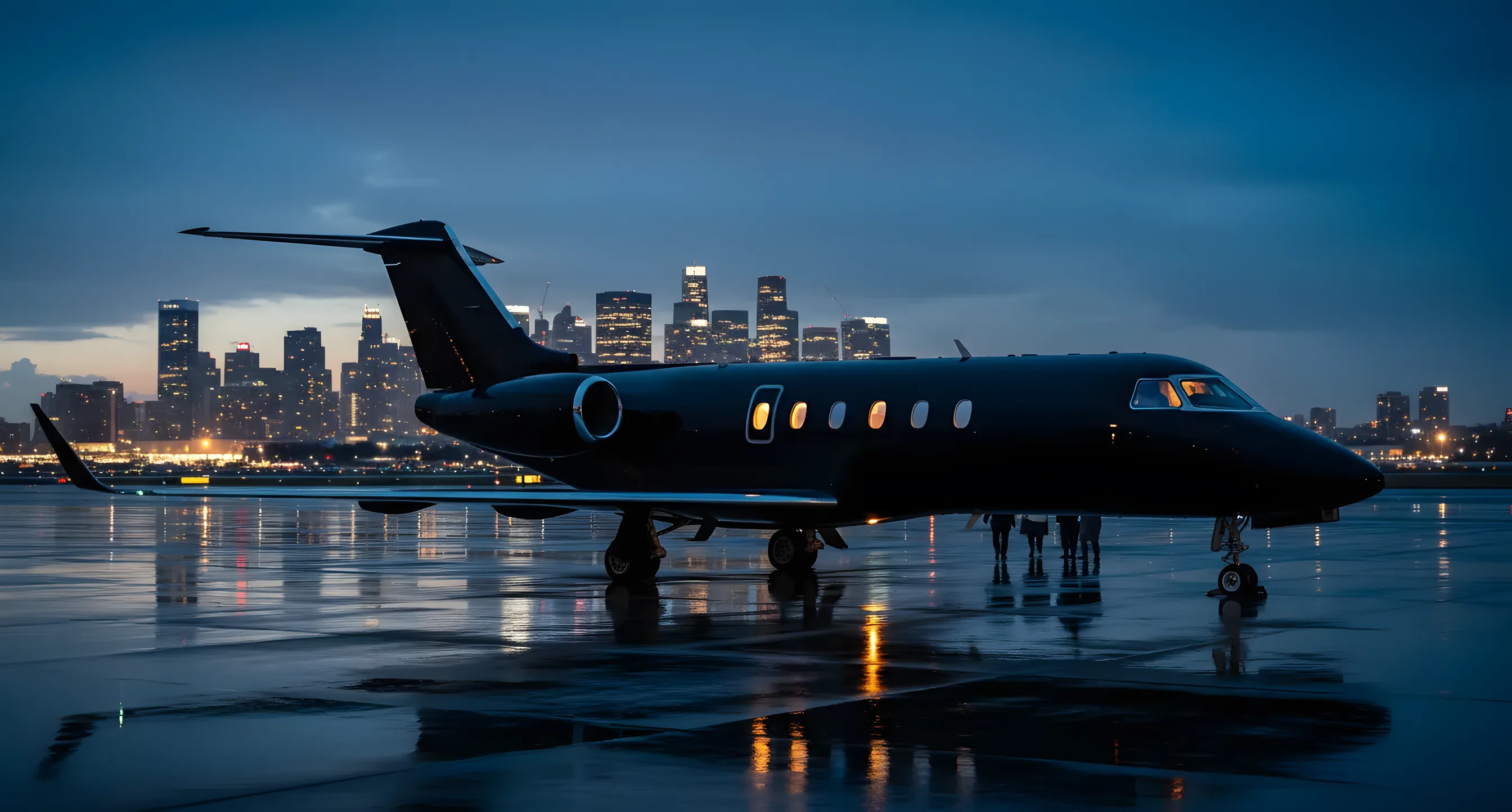 A private jet on an airport tarmac at dusk, with a city skyline in the background.