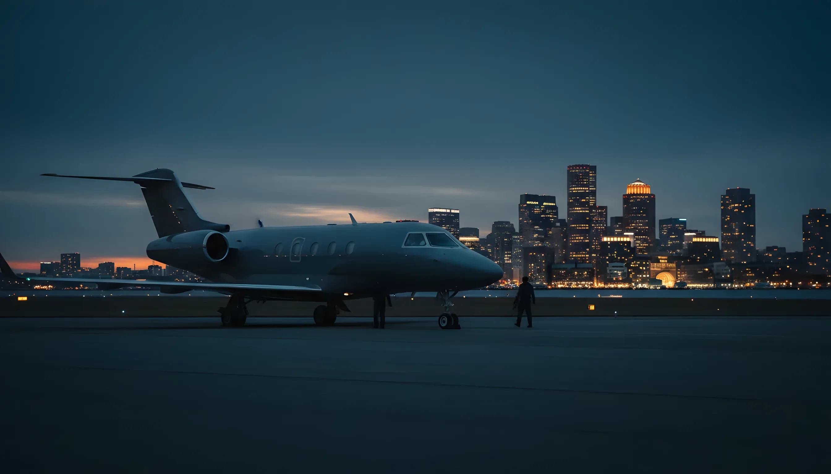 A private jet on an airfield at dusk with the Boston skyline in the background.