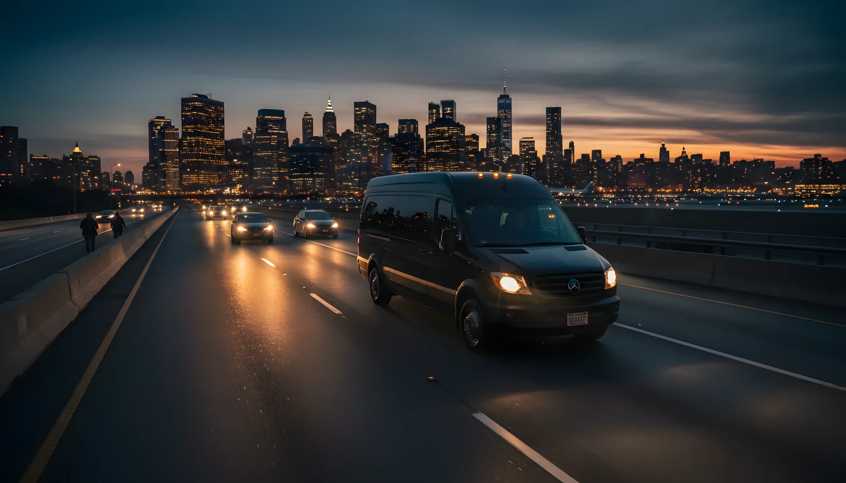 A shuttle van drives on a highway toward a glowing city skyline and airport at dusk.