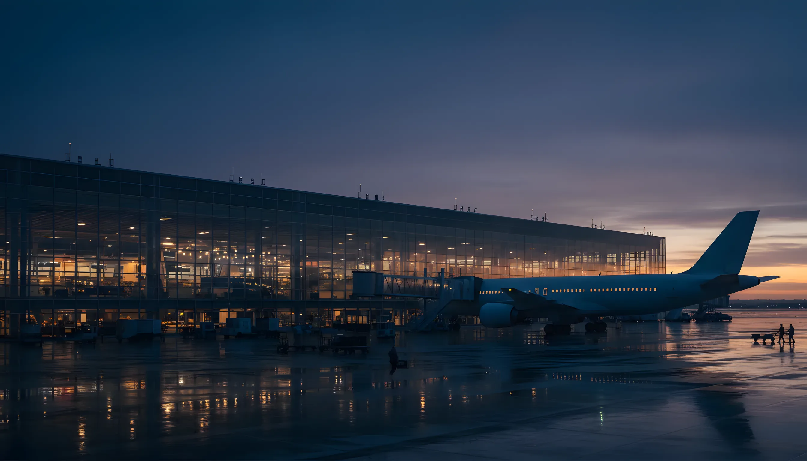 A large passenger jet parked at a modern glass airport terminal during blue hour.