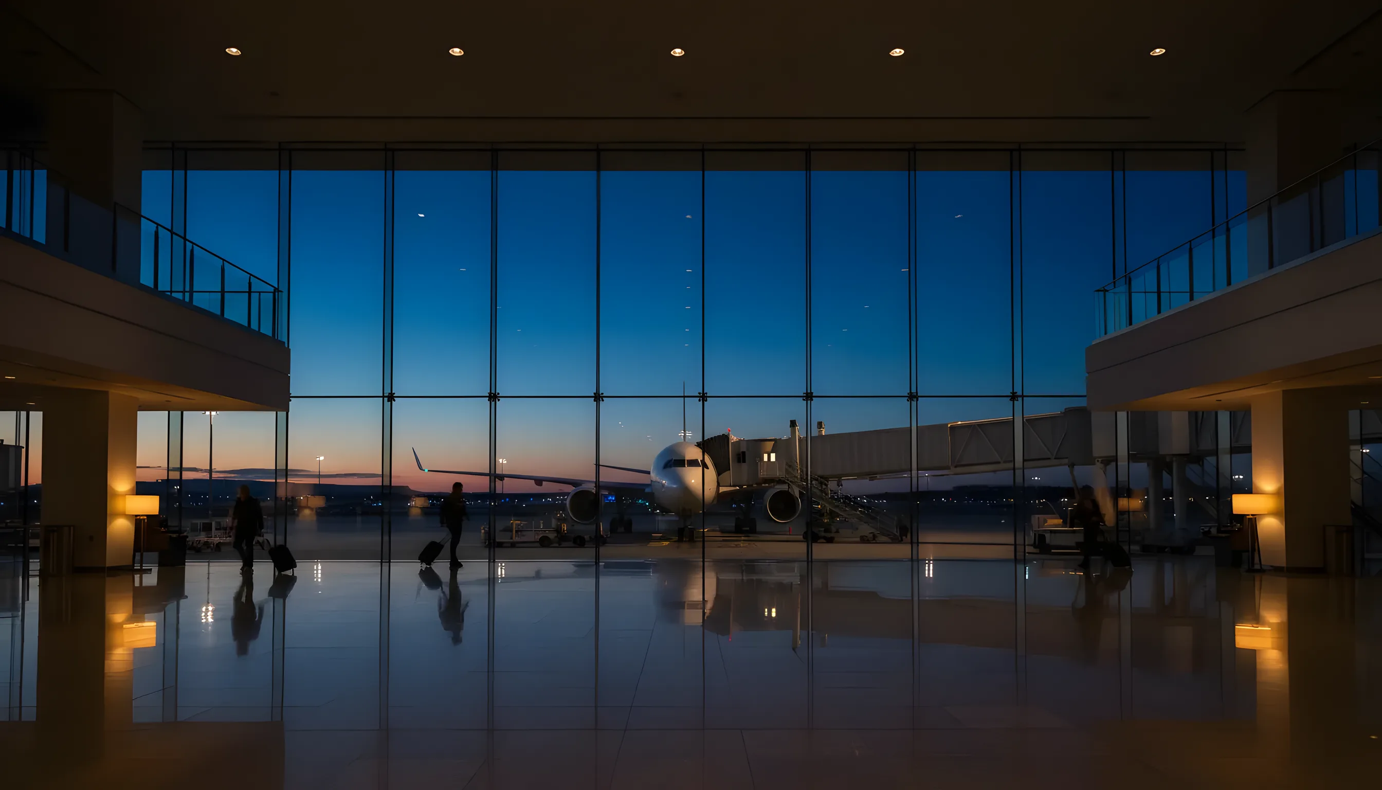 A modern airport terminal at dusk with a large airplane visible through the window.
