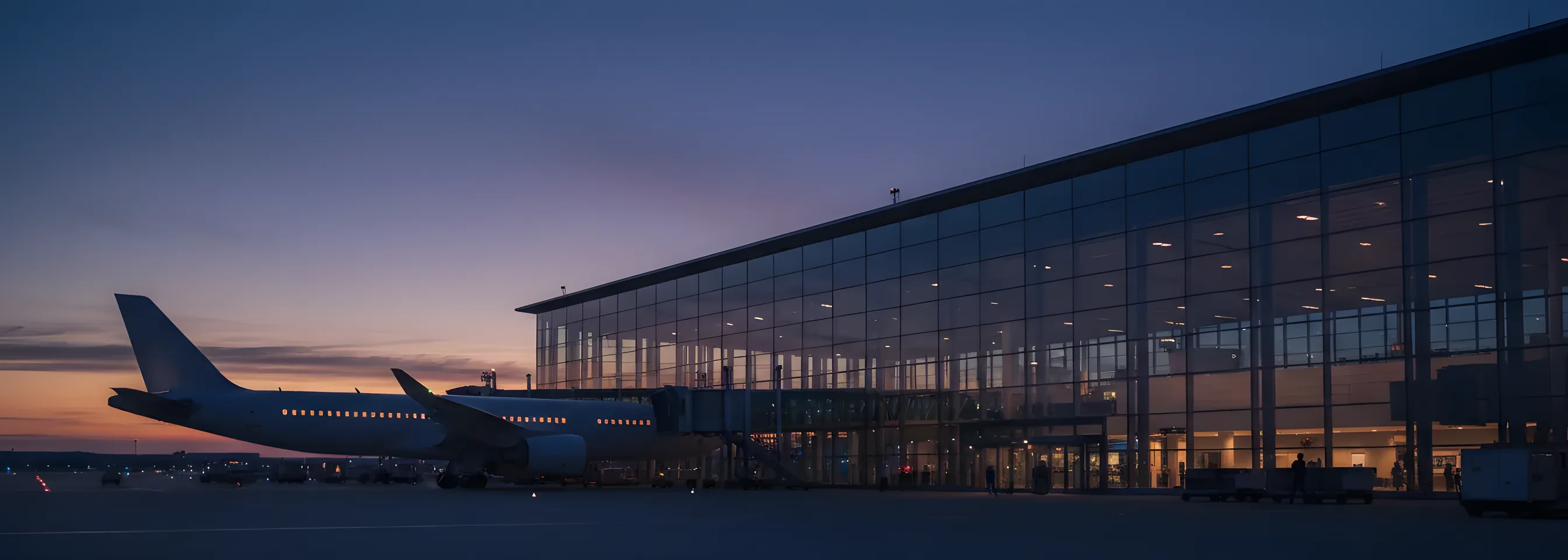 A modern airport terminal at dusk with a passenger jet parked at the gate.
