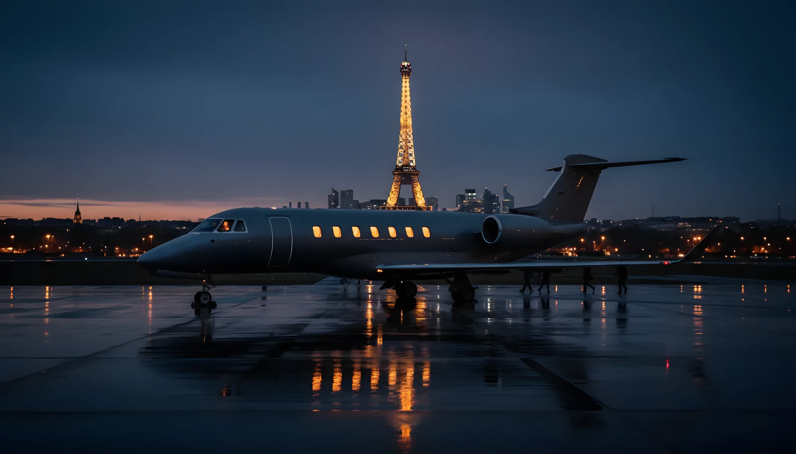 A private jet on an airport tarmac at dusk, with the illuminated Paris skyline in the background.