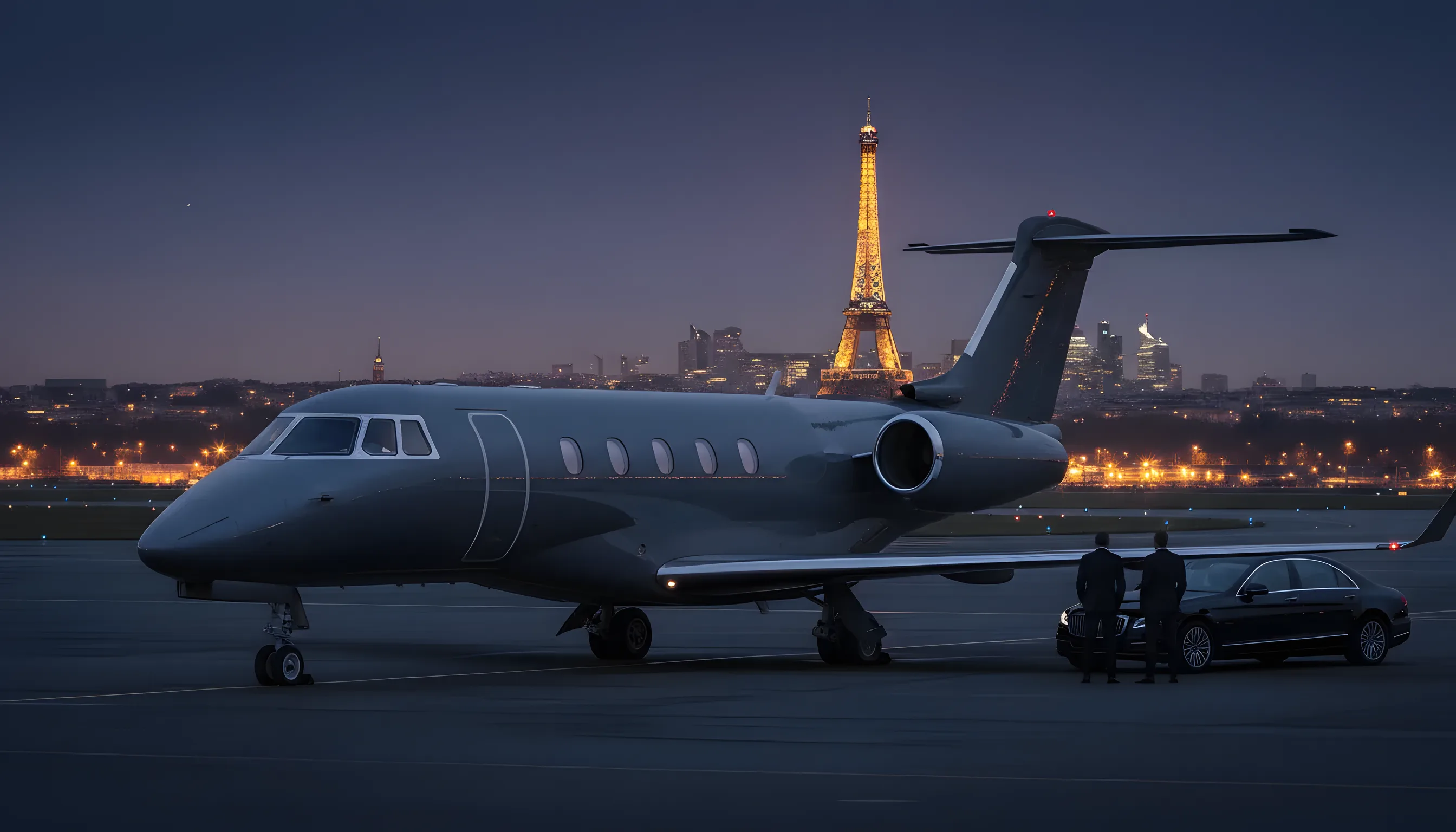 A private jet on an airport tarmac at dusk, with the Paris skyline visible in the distance.