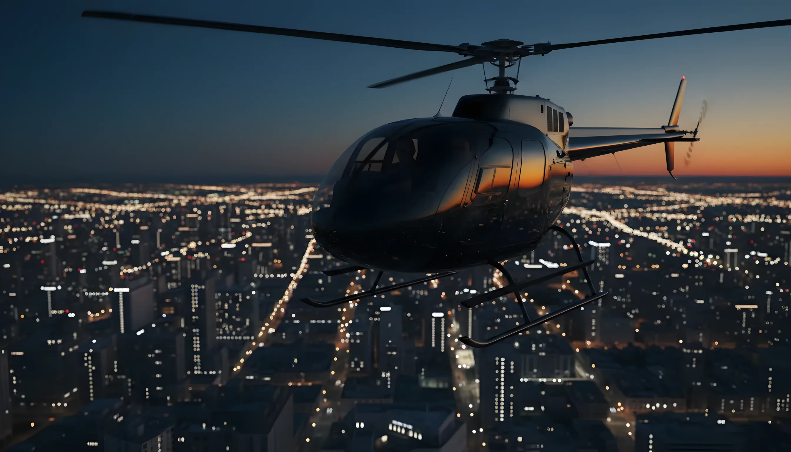 A helicopter flies over a city skyline at dusk, with passengers visible inside.