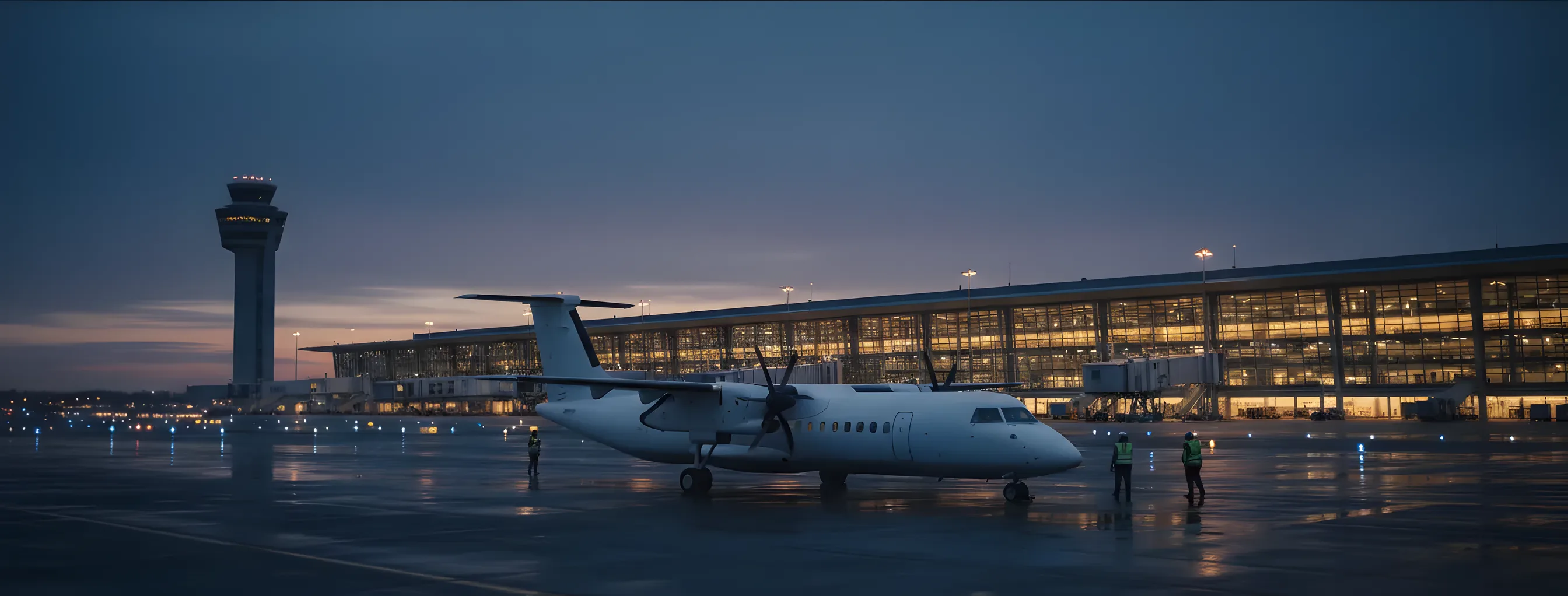 A small propeller plane on an airport tarmac at dusk, with a modern terminal building lit up in the background.