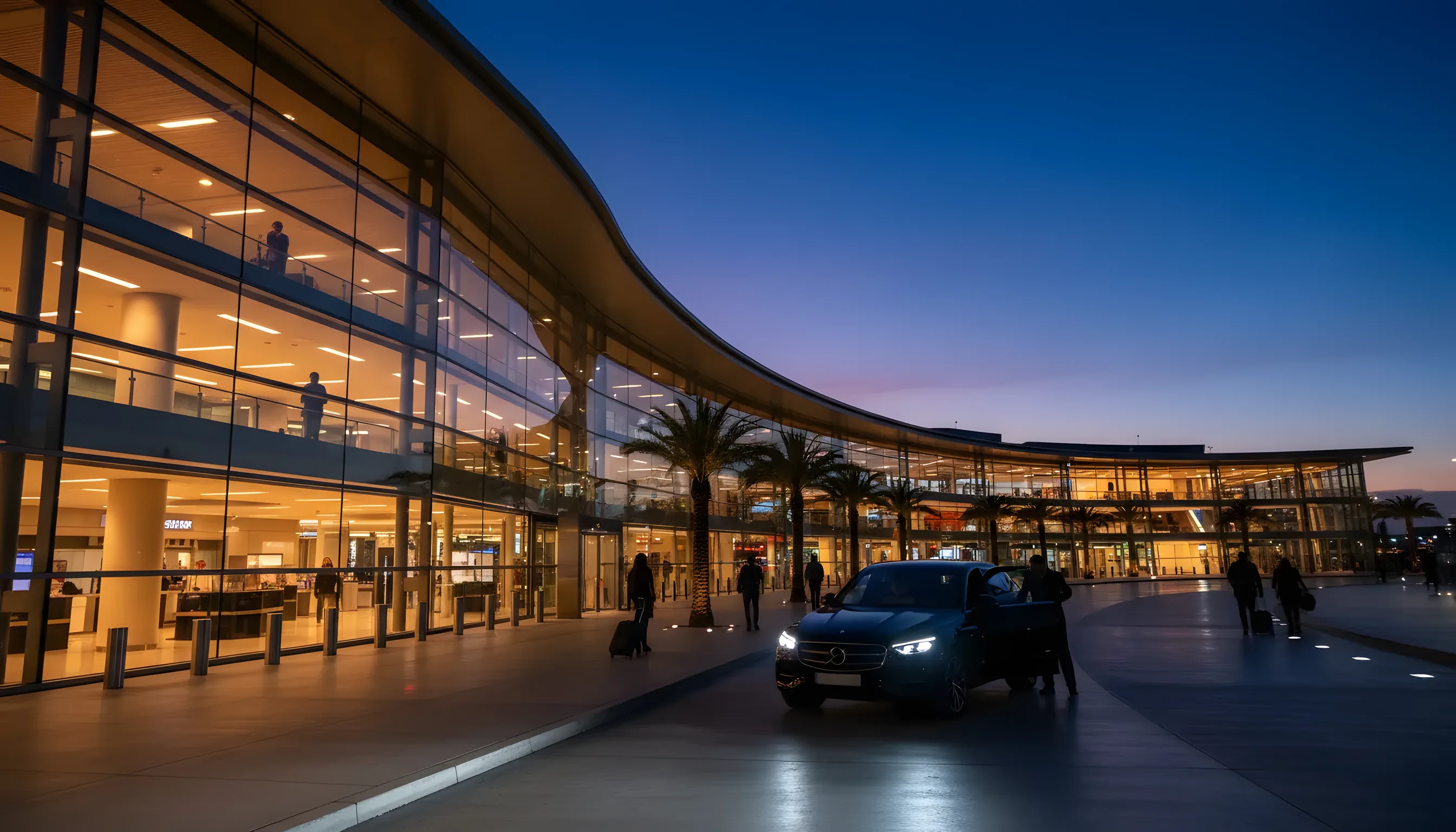 A modern glass airport terminal at dusk, with warm lights glowing from inside and a car arriving at the curb.