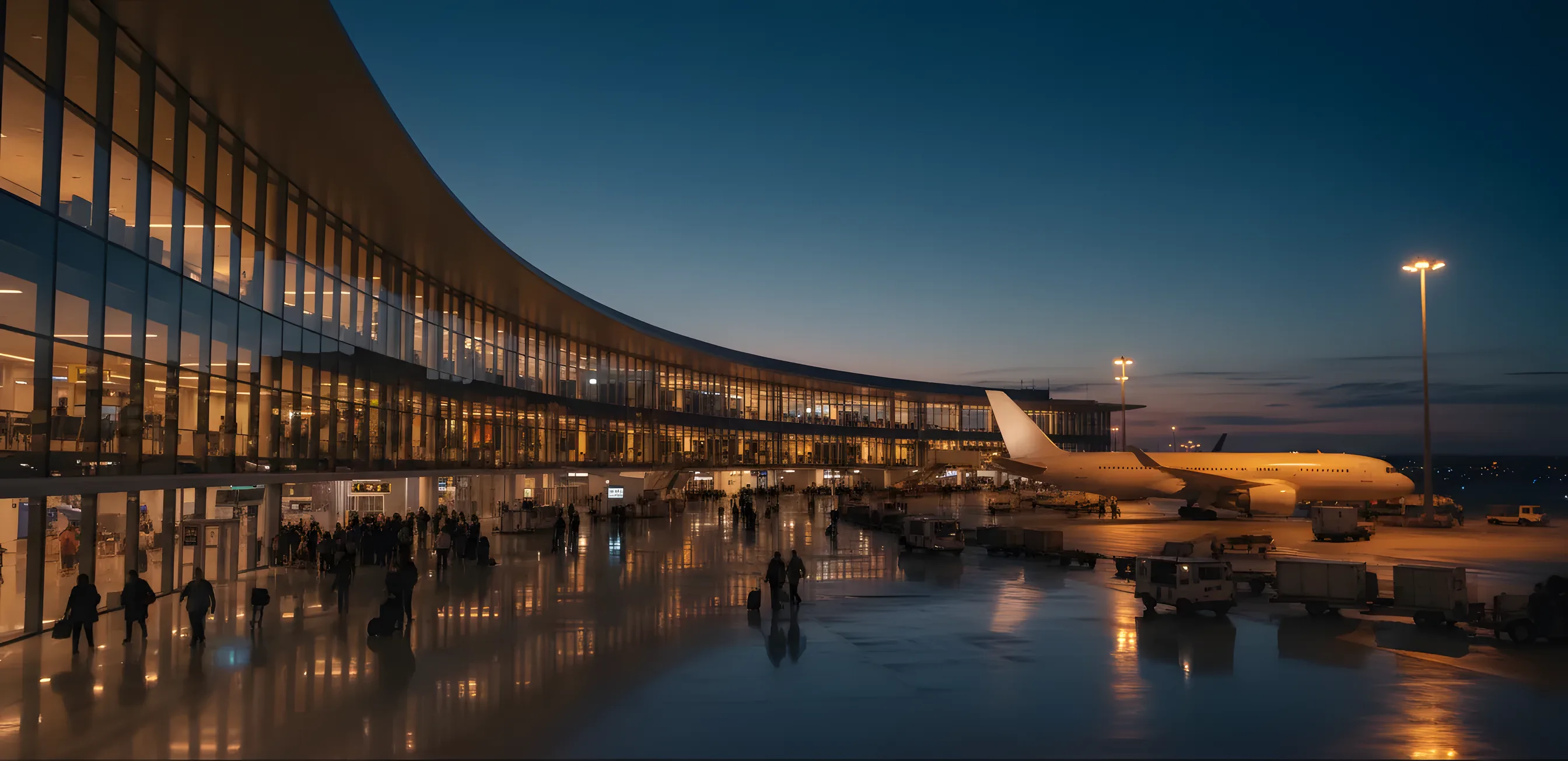 A modern airport terminal with a large jet on the tarmac at dusk.