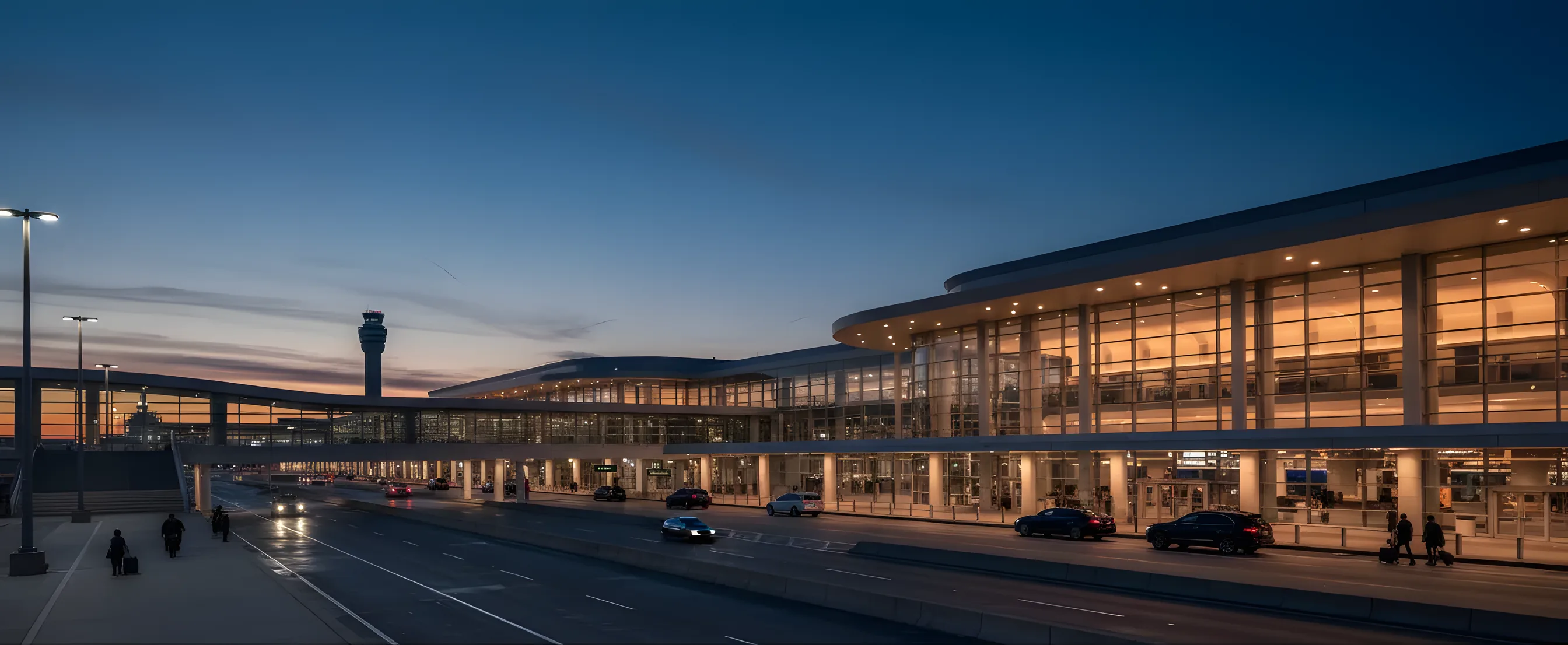 A modern airport terminal at dusk with the JFK control tower in the background.