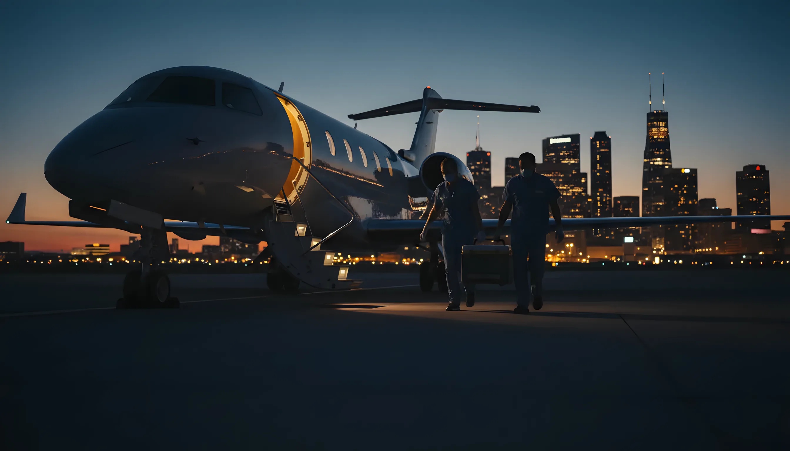 Medical team carrying a transport cooler to a private jet on a tarmac at dusk.