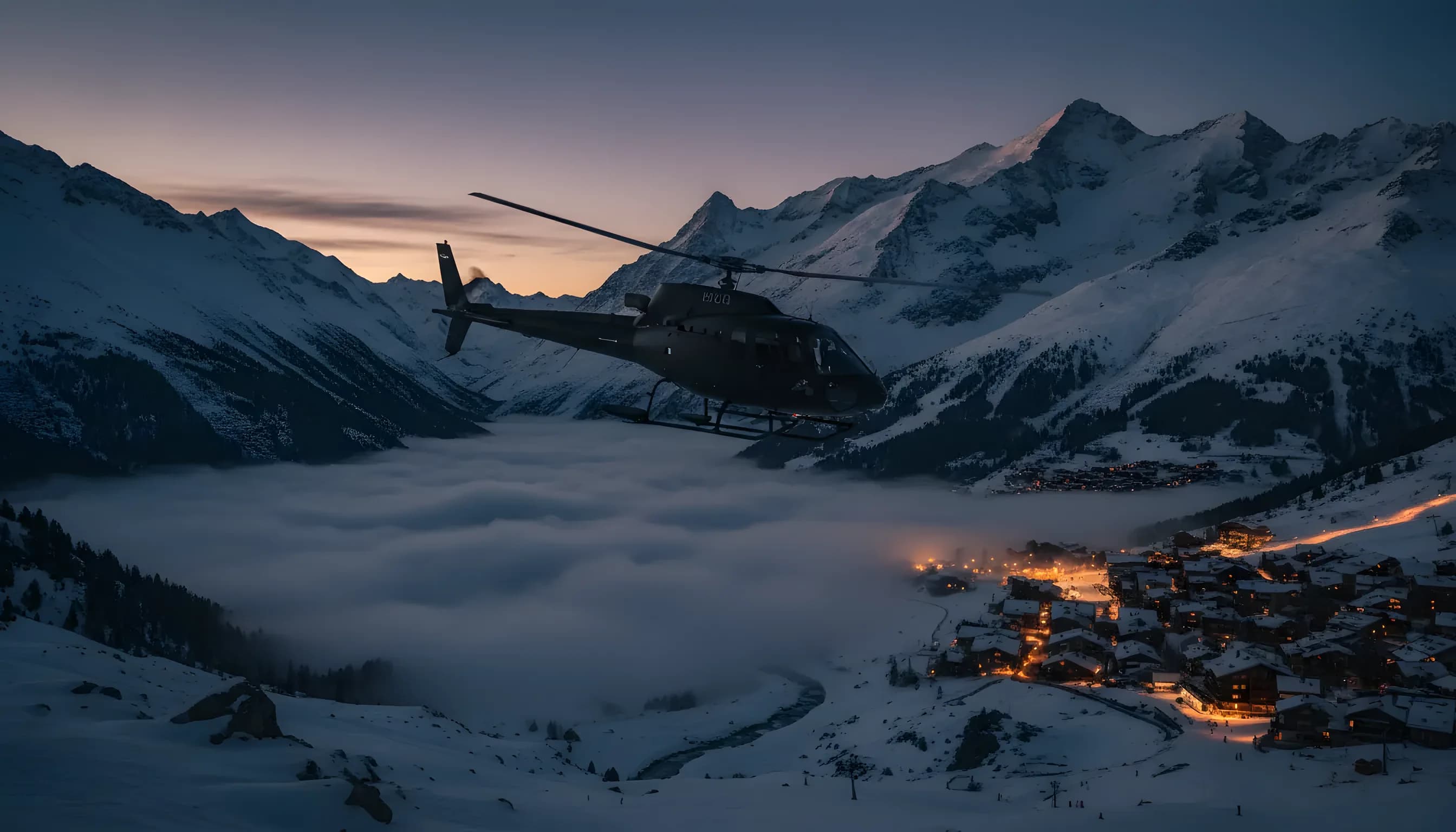 A helicopter flies over a snowy mountain range toward a warmly lit ski village at dusk.