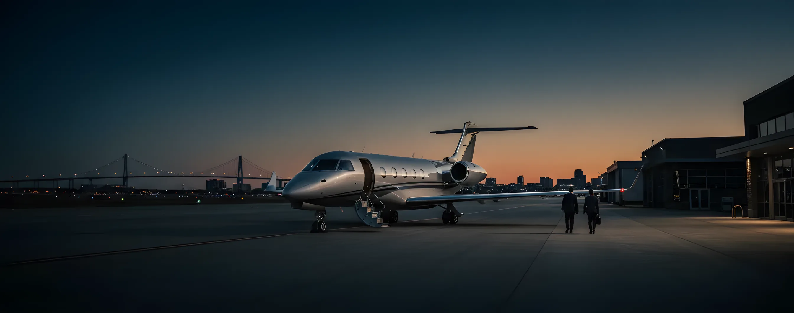 A private jet on an airfield at dusk, with the lights of the Charleston skyline and a large bridge in the background.