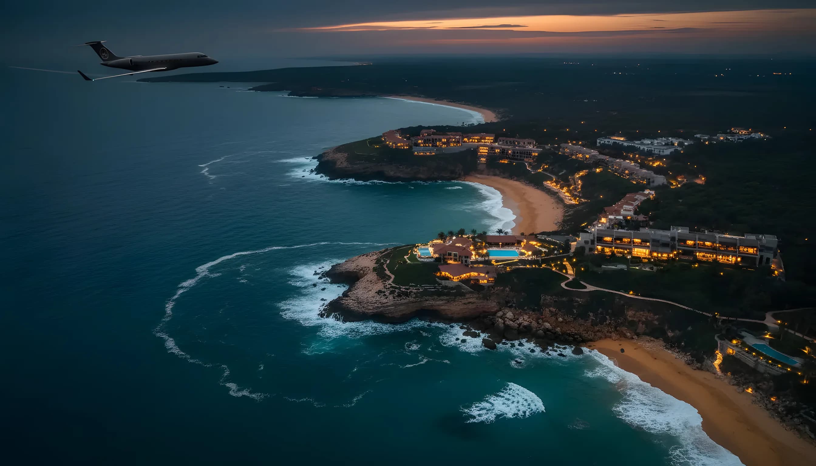 Aerial view of a beautiful, sunny coastline with turquoise water and dramatic cliffs, as seen from a helicopter or jet.