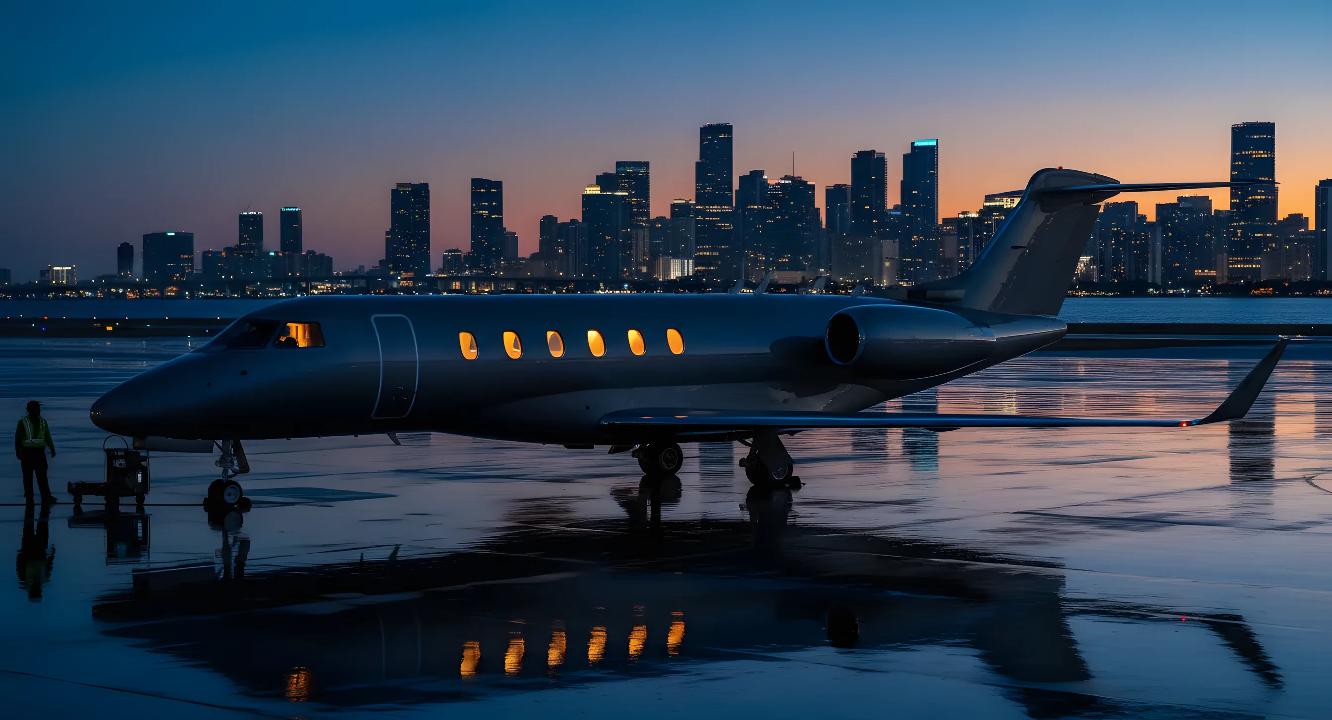 A private jet on an airport tarmac at dusk, with a glowing city skyline in the background.