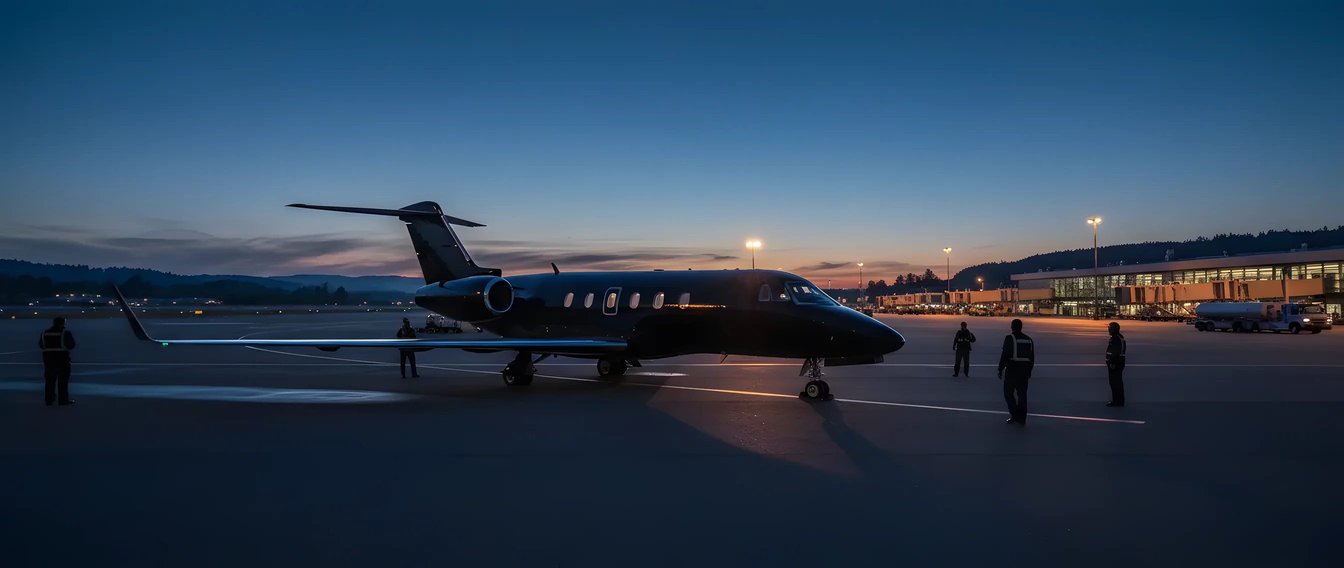A private jet on an airport tarmac at dusk, with warm lights glowing against a dark blue sky.