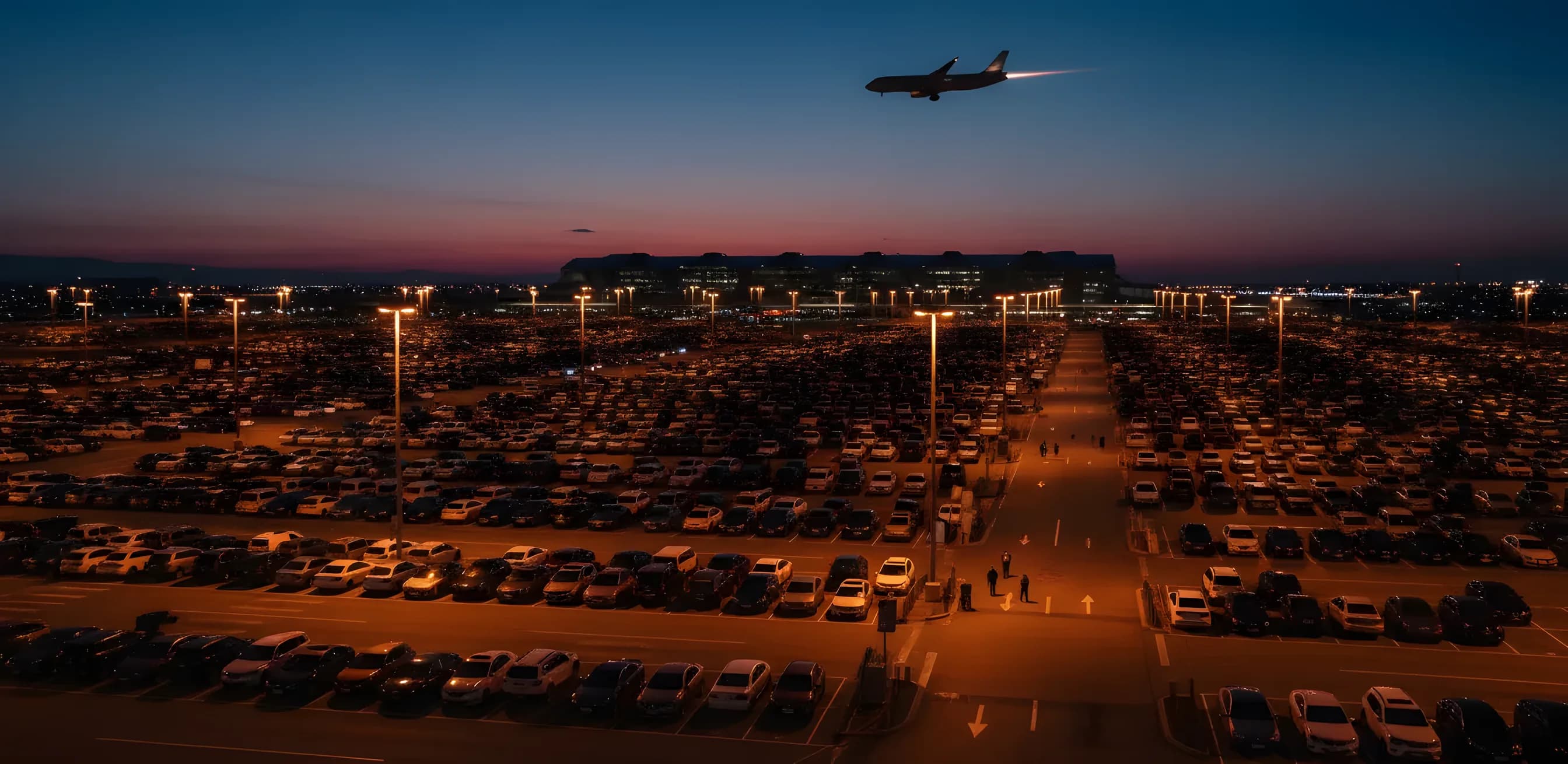 A sprawling, illuminated airport parking lot at dusk, with an airplane taking off behind the distant terminals.