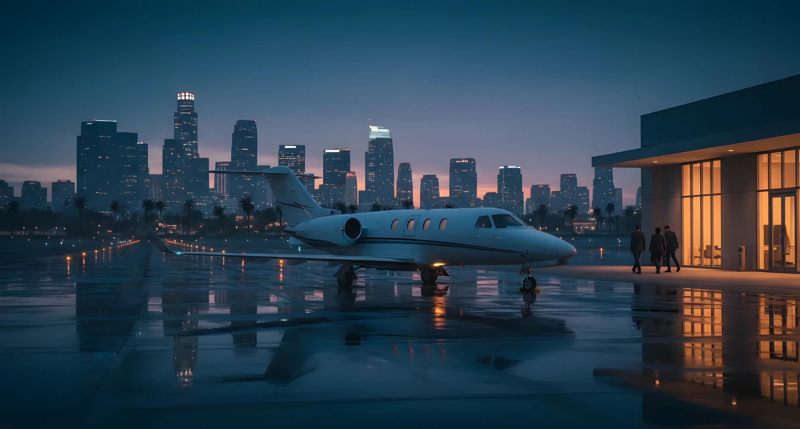 A small private jet on an airport tarmac at dusk, with a city skyline in the distance.
