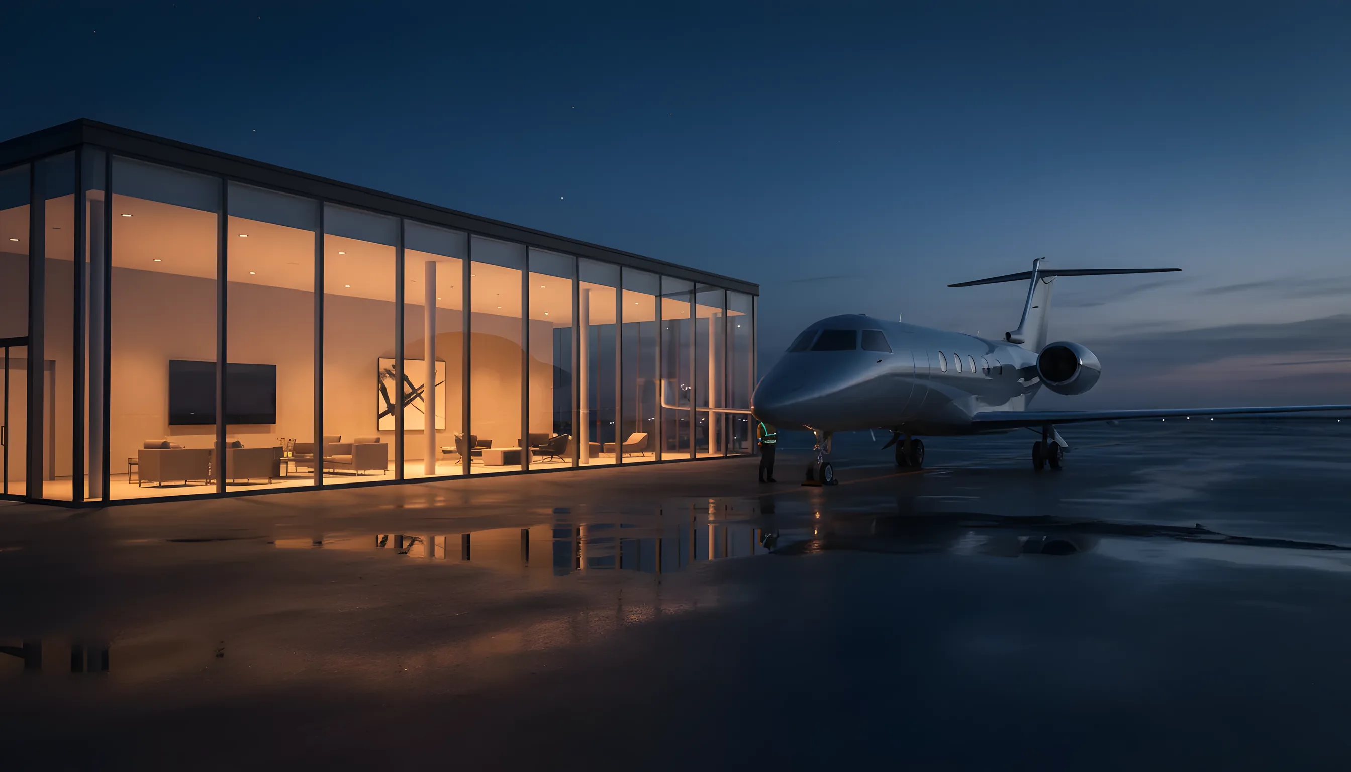 A private jet on an airport tarmac at dusk, with a warmly lit terminal in the background.