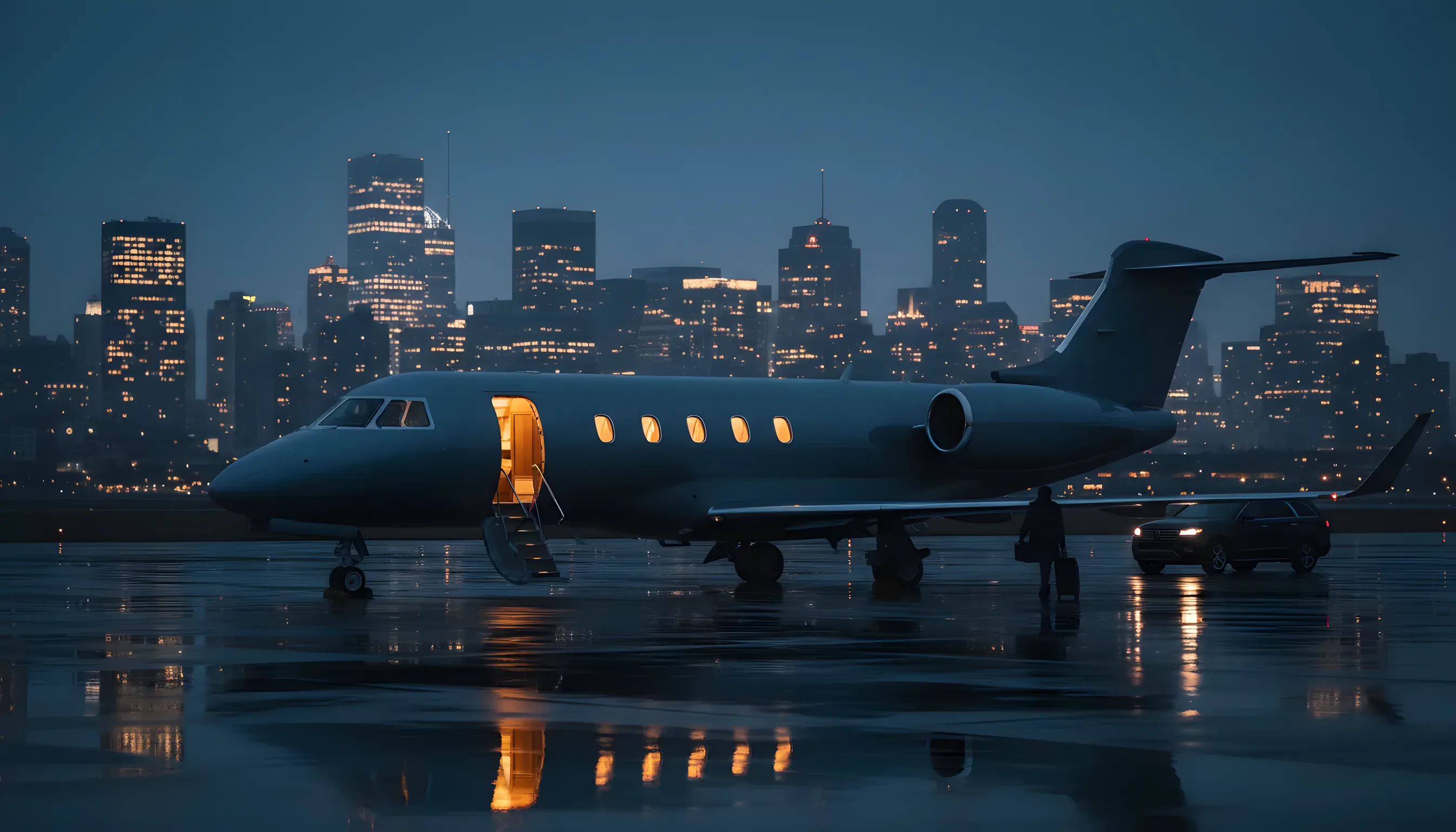 A private jet on an airport tarmac at dusk, with a glowing city skyline in the background.
