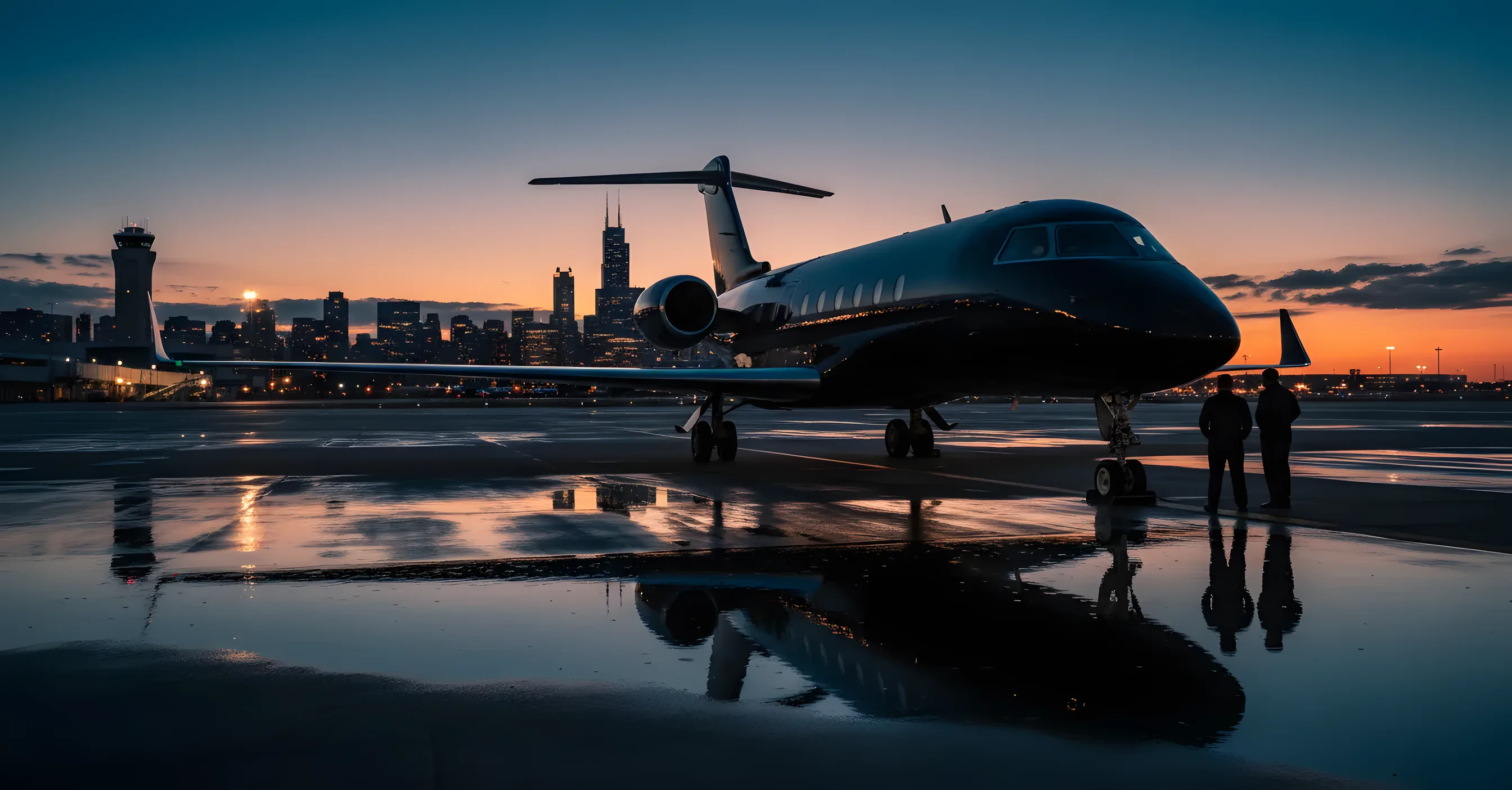 A private jet on an airport tarmac with the Chicago skyline visible in the distance at dusk.