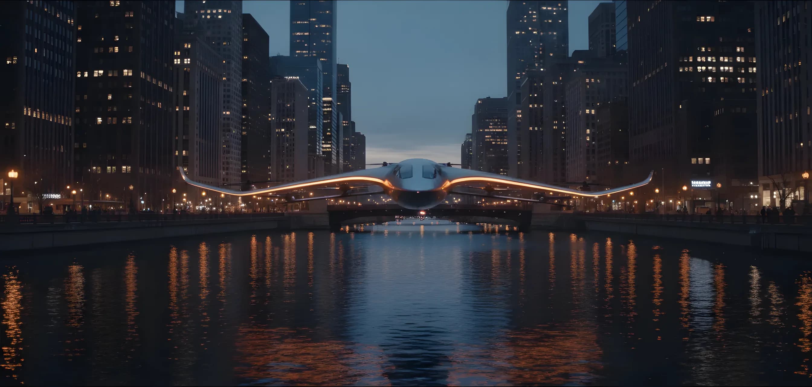 A futuristic electric aircraft flies over the Chicago skyline and river at twilight.