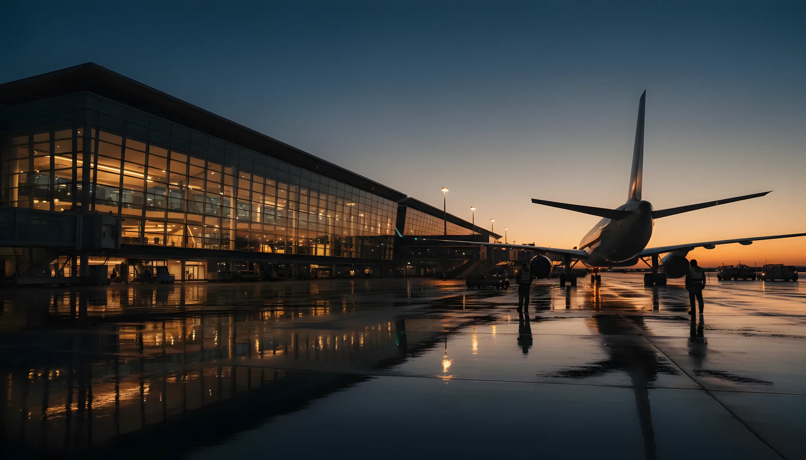 A modern airport terminal at dusk, its glass facade glowing warmly, with a large passenger jet parked on the tarmac.